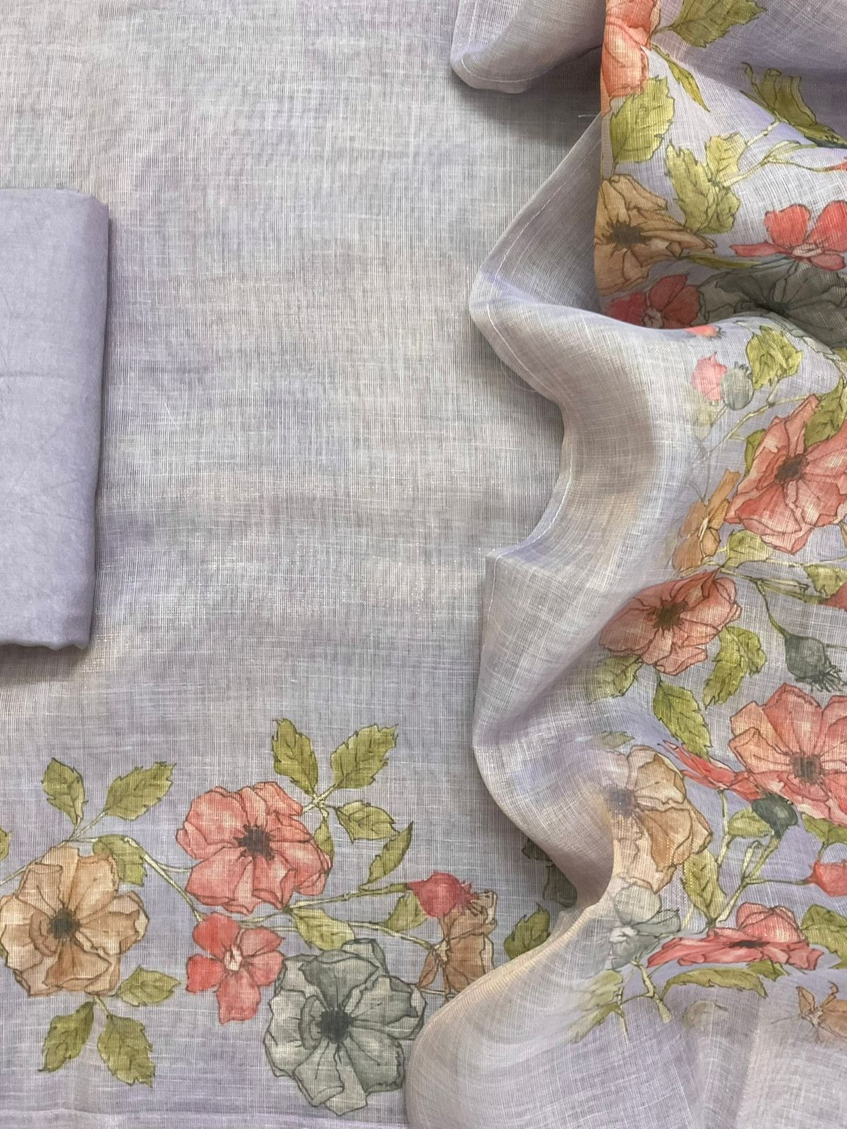 Soft Tissue Slub Cotton Printed Embroidered Suit - Lavender