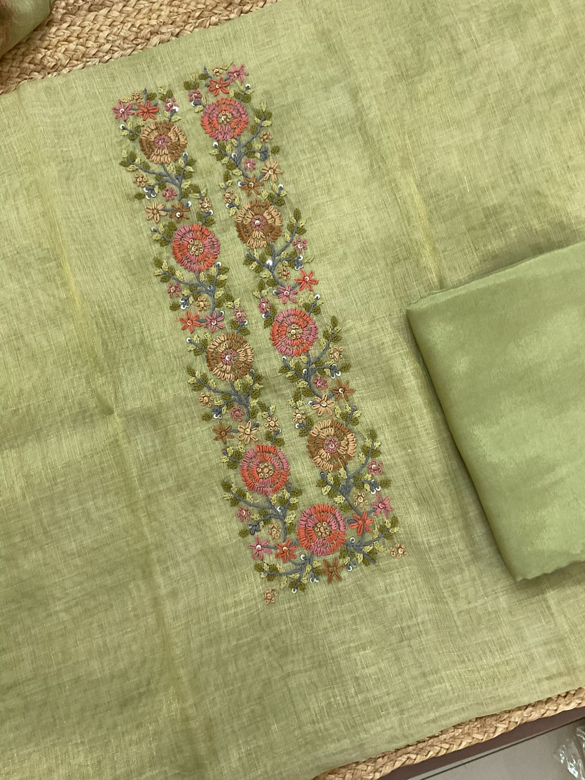 Soft Tissue Slub Cotton Printed Embroidered Suit - Green