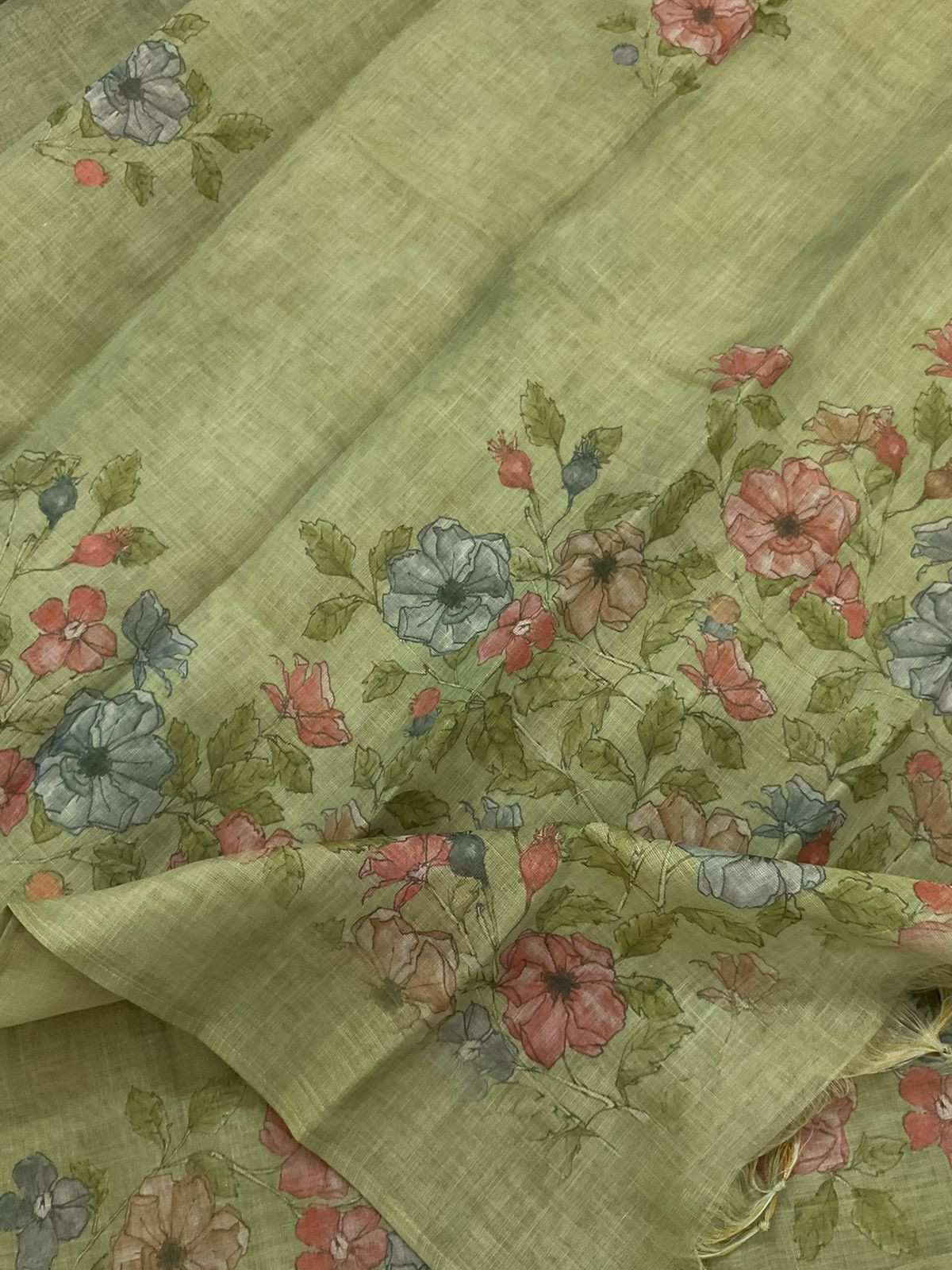 Soft Tissue Slub Cotton Printed Embroidered Suit - Green