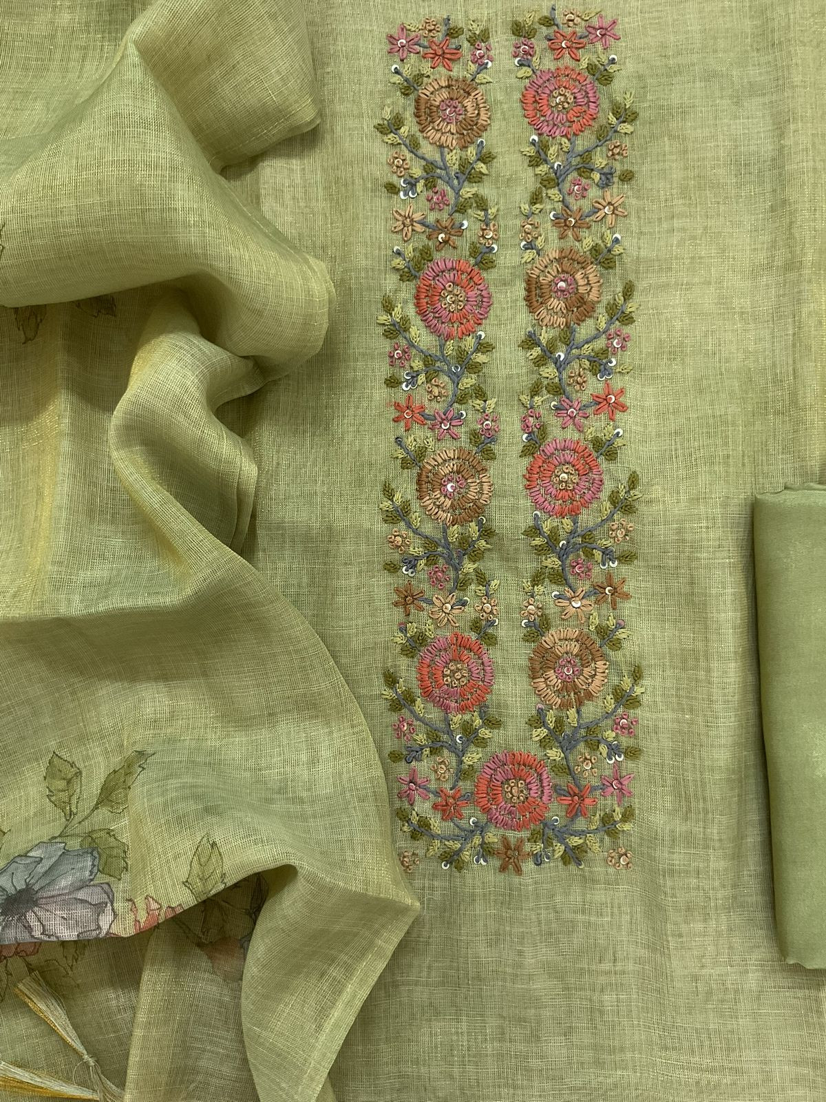 Soft Tissue Slub Cotton Printed Embroidered Suit - Green