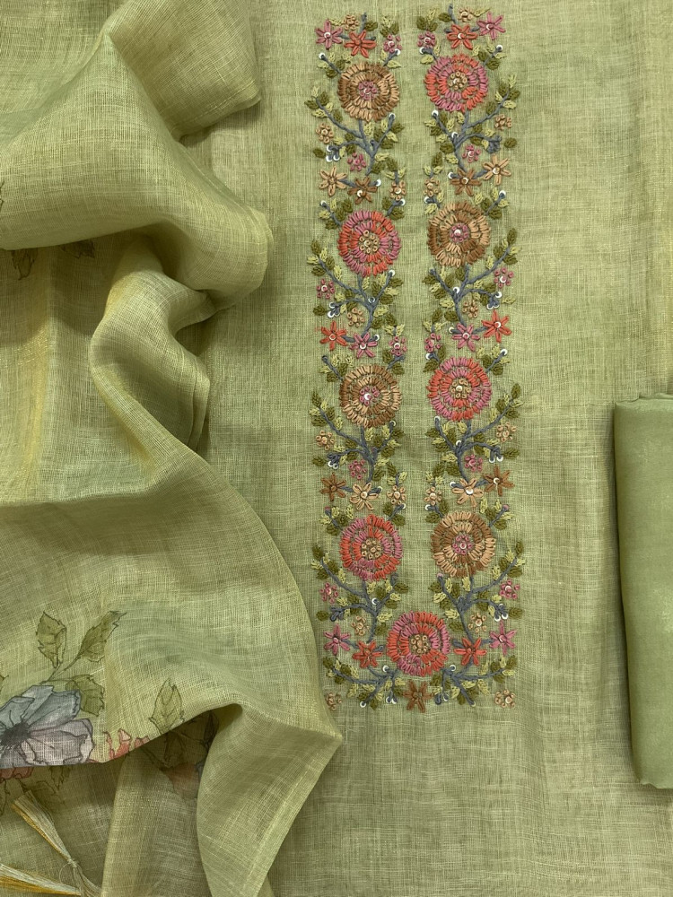 Image of Soft Tissue Slub Cotton Printed Embroidered Suit - Green