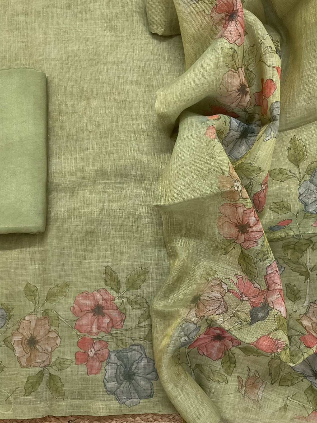 Soft Tissue Slub Cotton Printed Embroidered Suit - Green