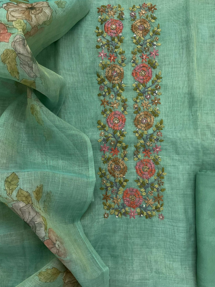 Image of Soft Tissue Slub Cotton Printed Embroidered Suit - Sea Green
