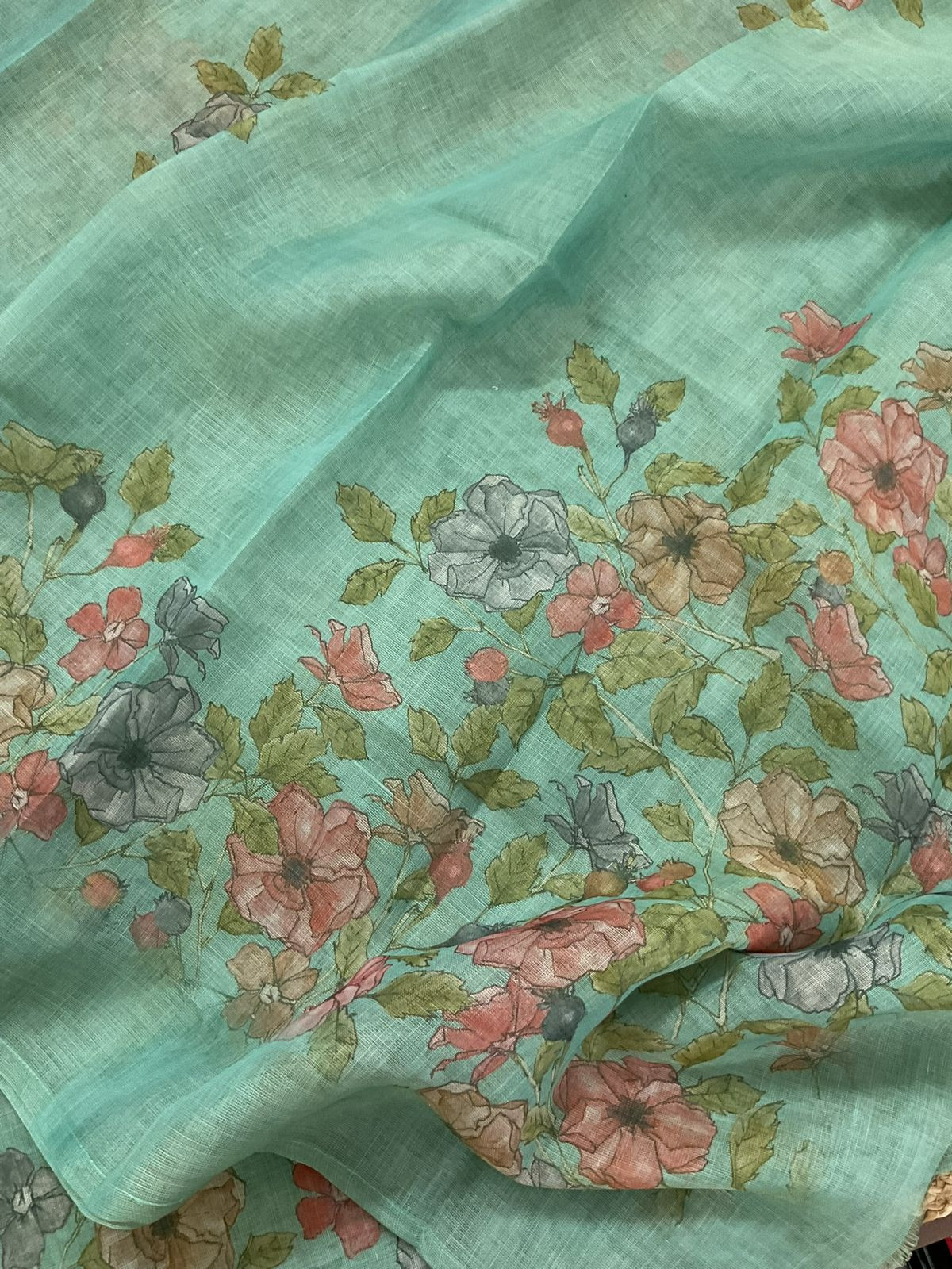 Soft Tissue Slub Cotton Printed Embroidered Suit - Sea Green