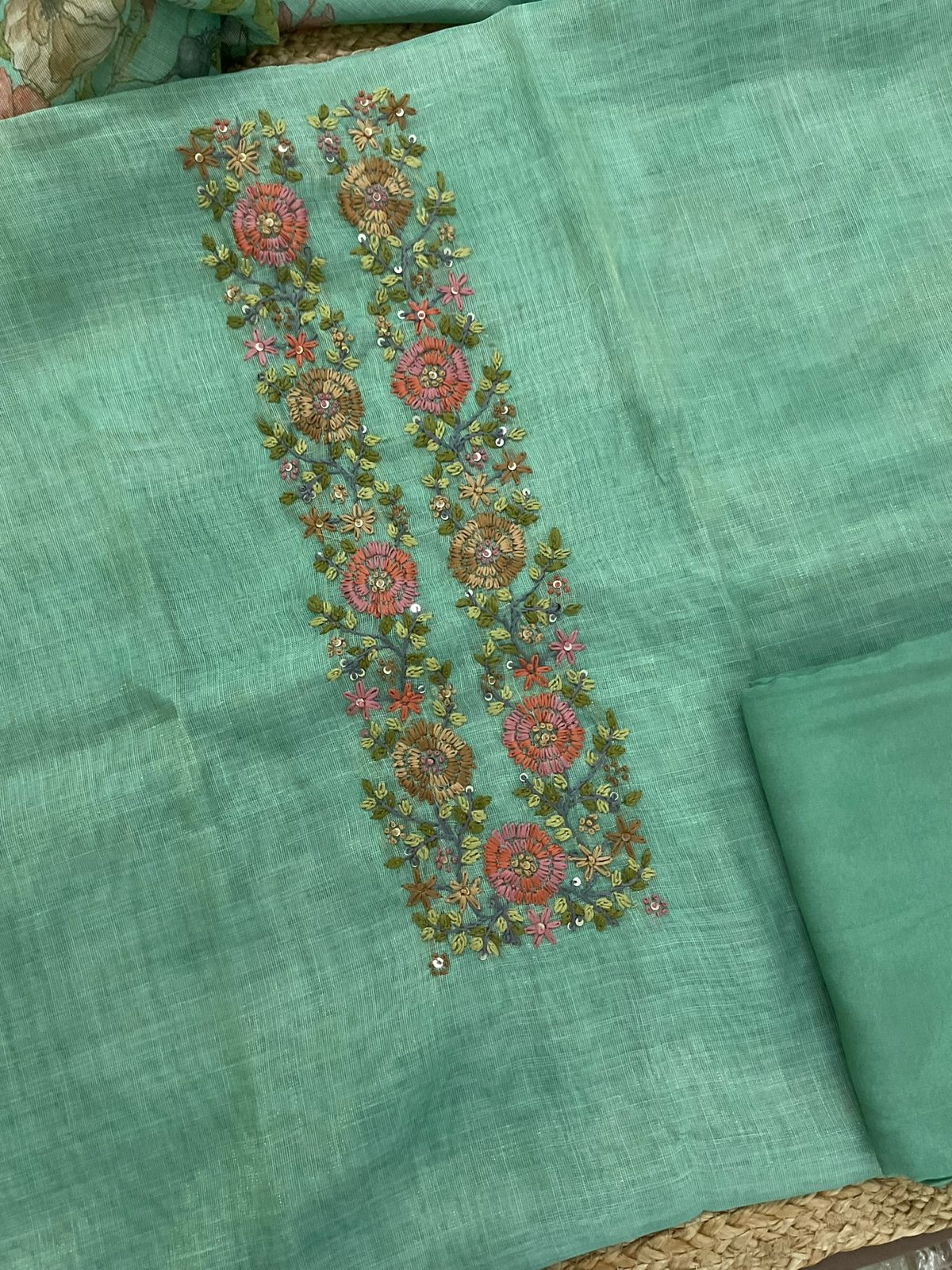 Soft Tissue Slub Cotton Printed Embroidered Suit - Sea Green