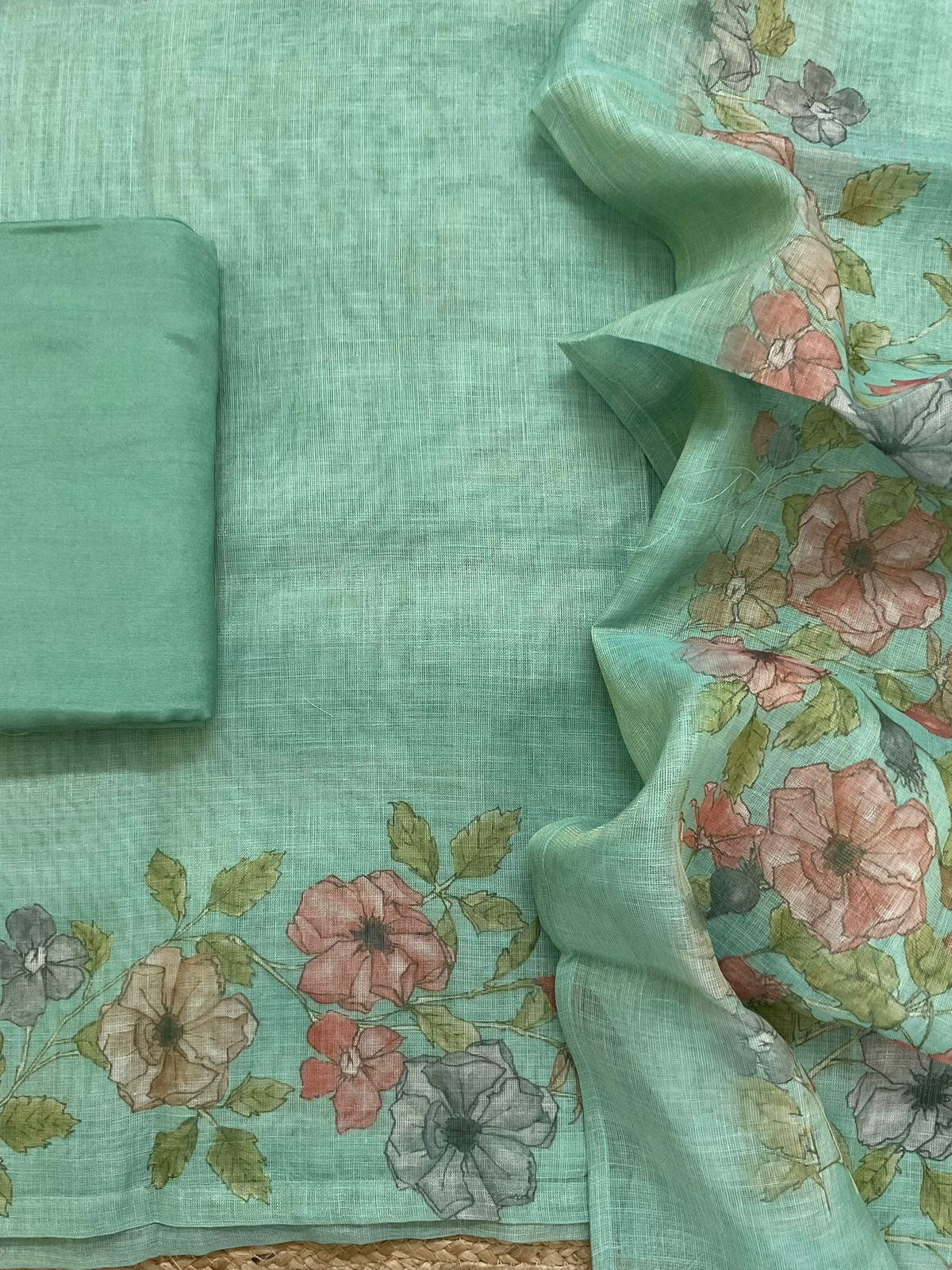 Soft Tissue Slub Cotton Printed Embroidered Suit - Sea Green