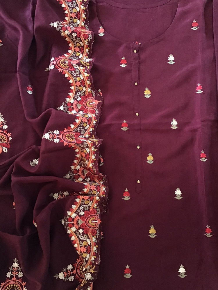 Image of Pure Muslin Silk Embroidered Suit - Maroon