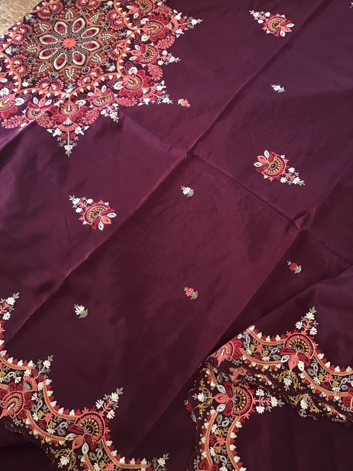 Pure Muslin Silk Embroidered Suit - Maroon