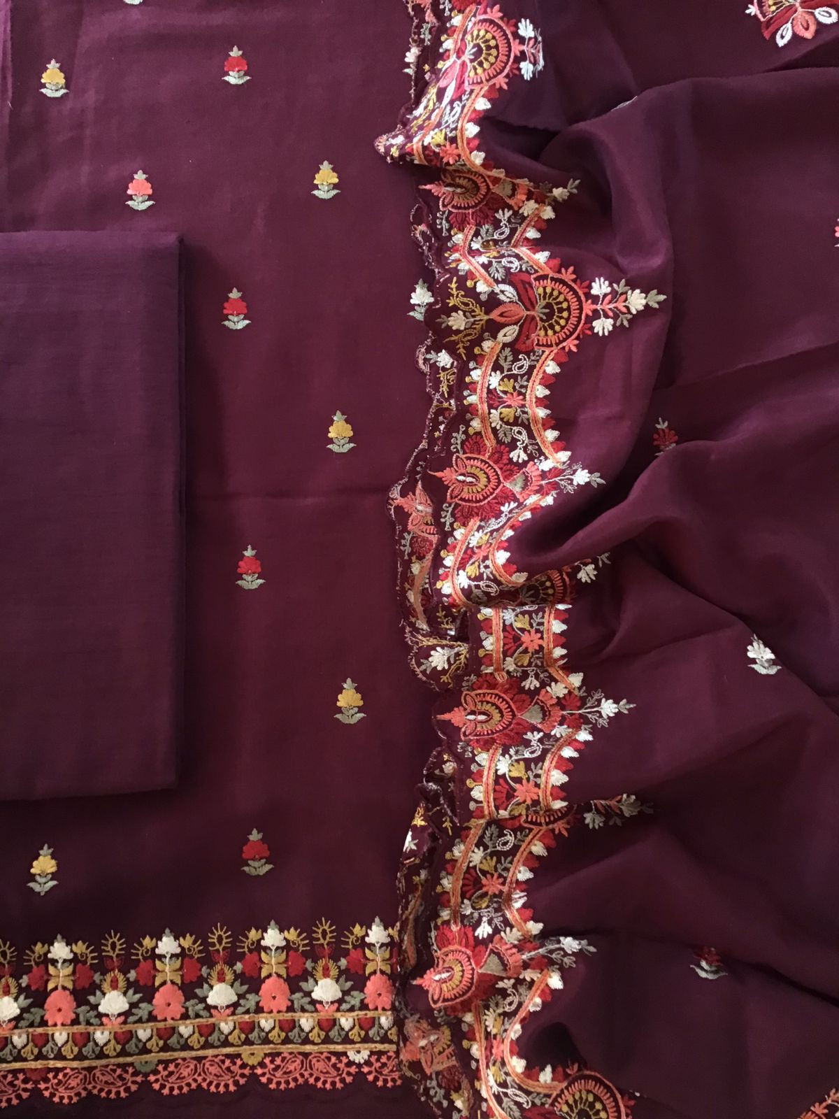 Pure Muslin Silk Embroidered Suit - Maroon