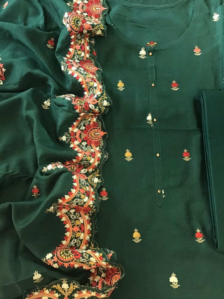 Image of Pure Muslin Silk Embroidered Suit - Green