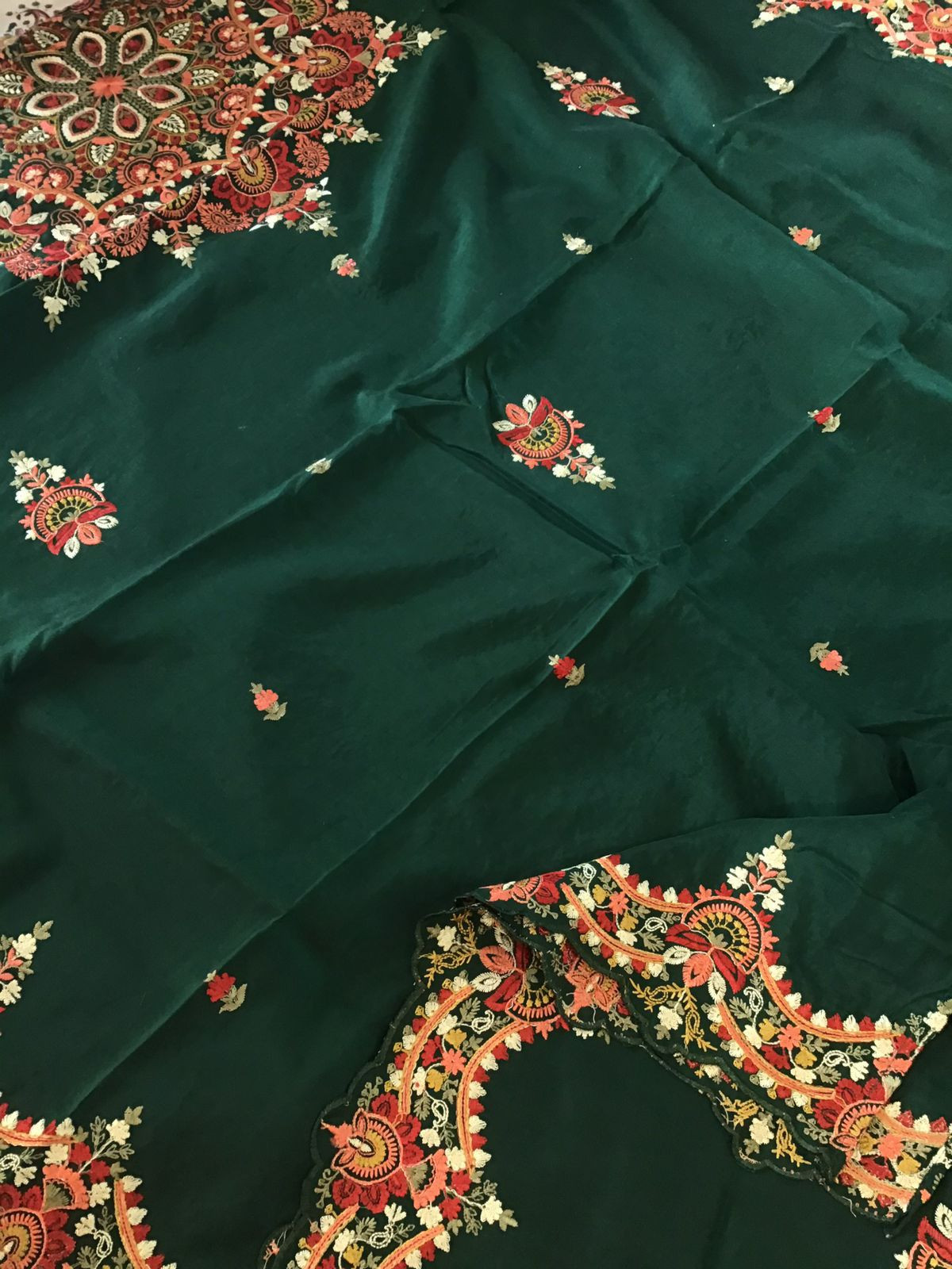 Pure Muslin Silk Embroidered Suit - Green