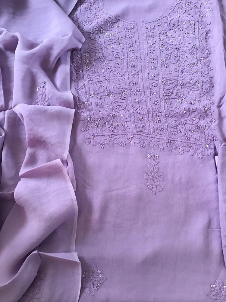 Image of Pure Georgette Embroidered Suit - Lavender