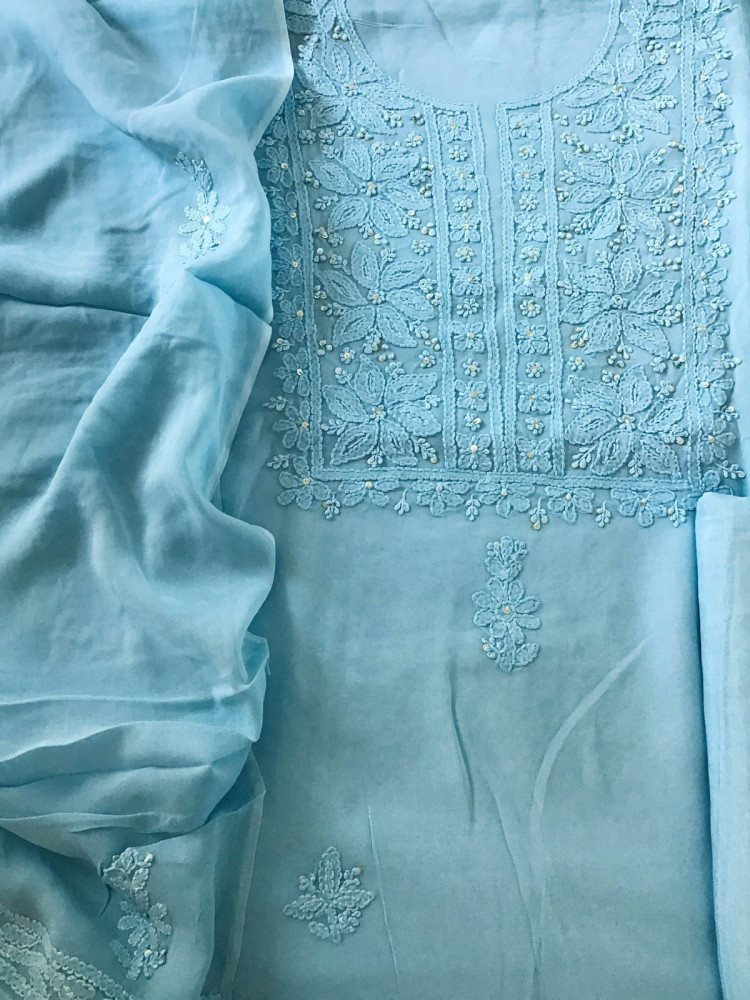 Image of Pure Georgette Embroidered Suit - Blue