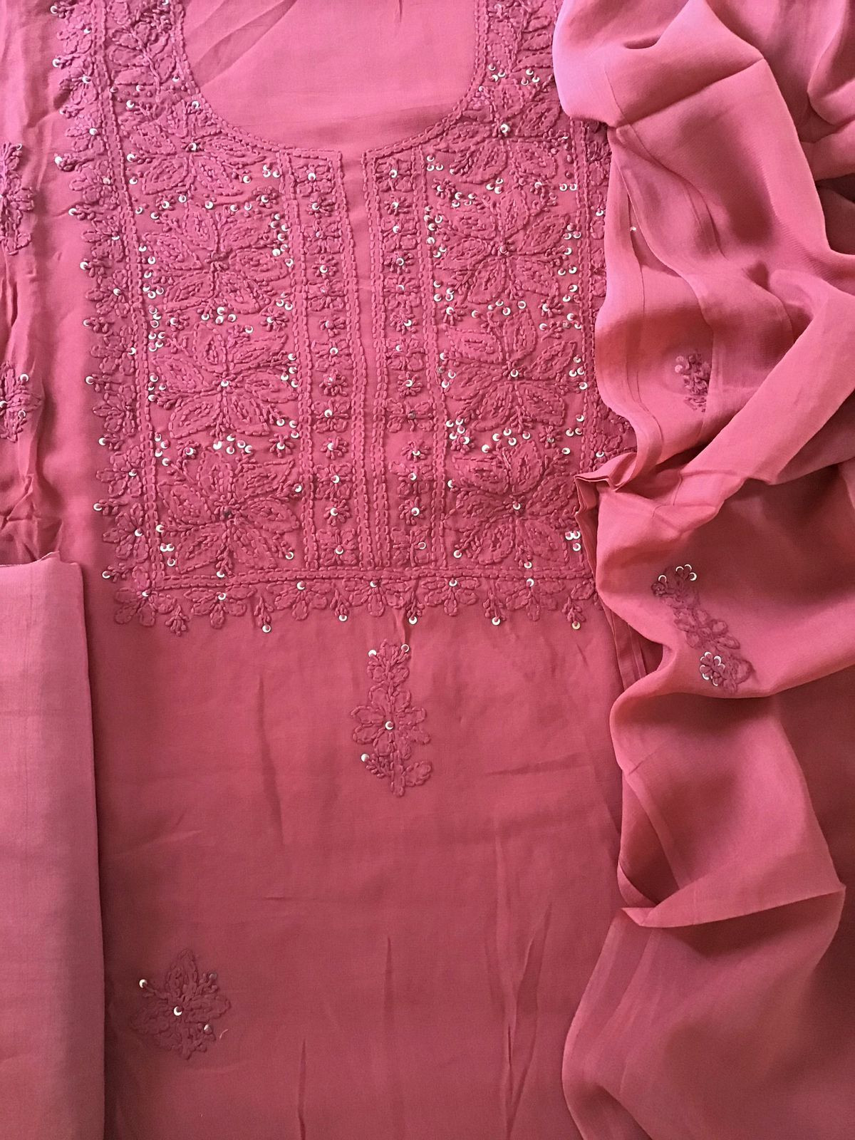 Pure Georgette Embroidered Suit - Light Maroon