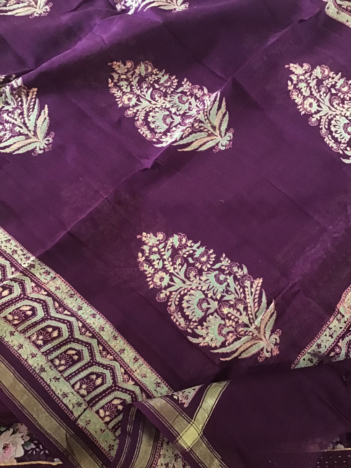 Pure Muslin Silk Printed Suit - Wine