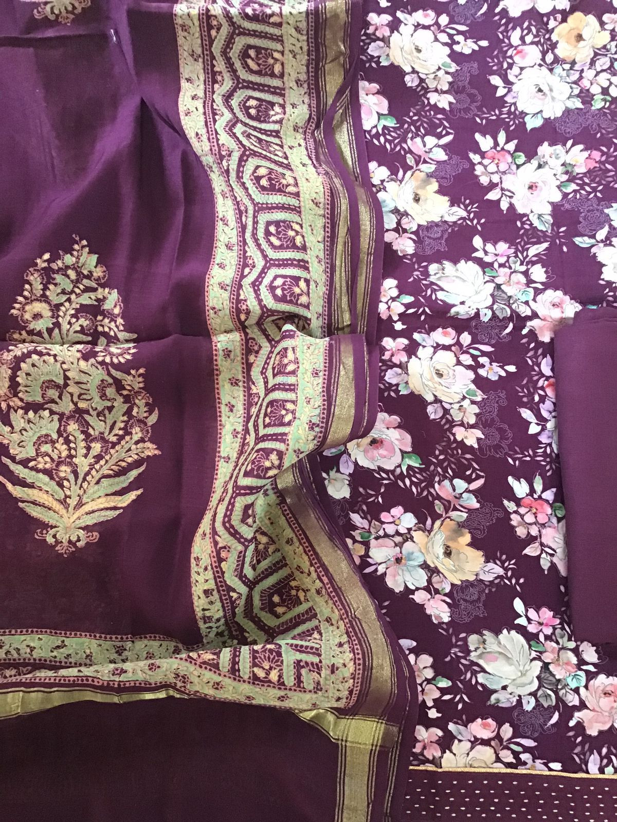 Pure Muslin Silk Printed Suit - Wine