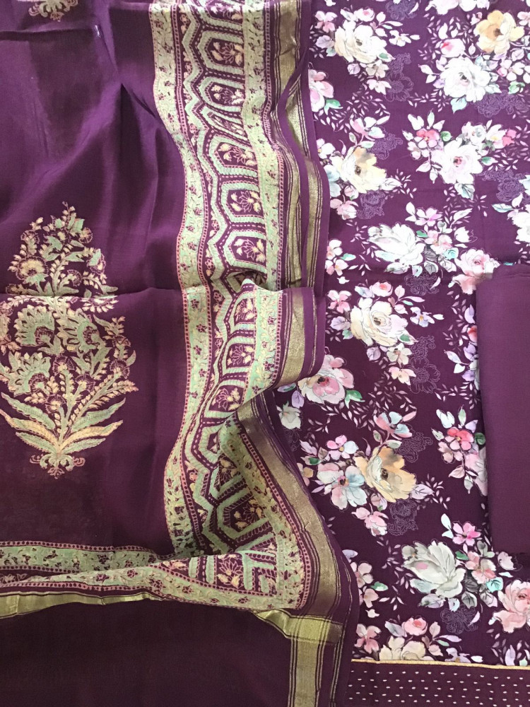 Image of Pure Muslin Silk Printed Suit - Wine