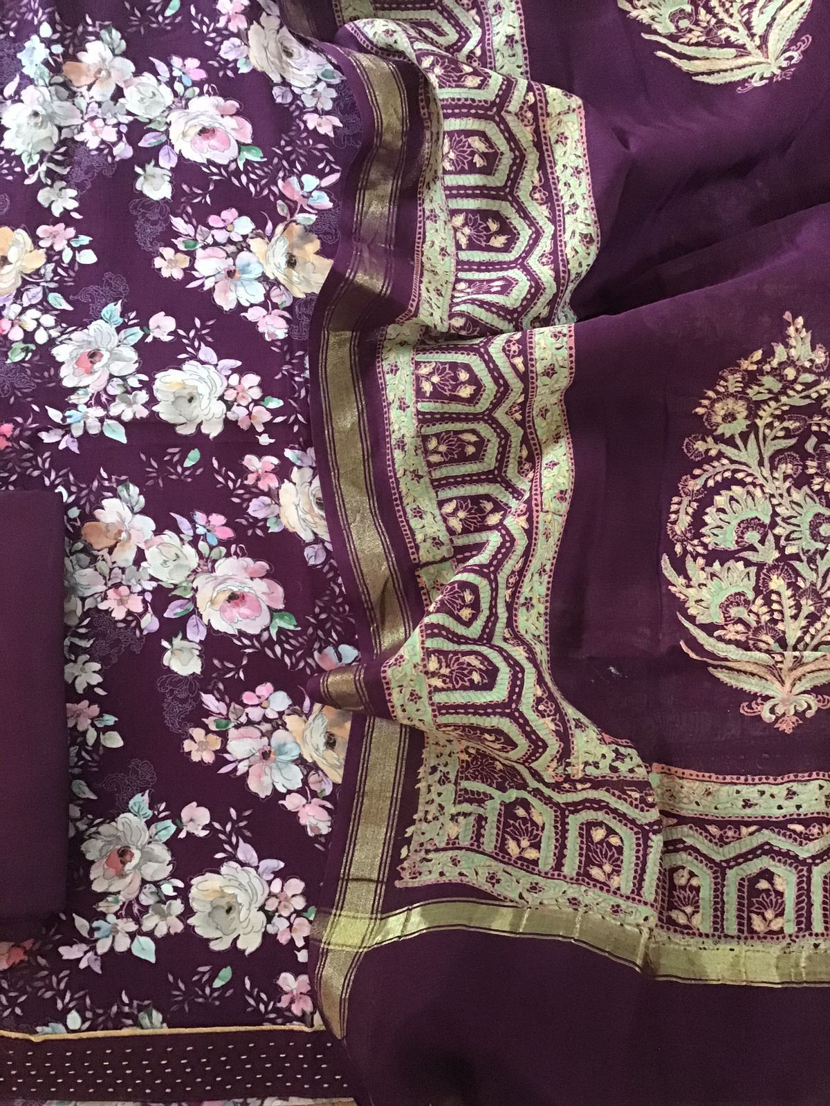 Pure Muslin Silk Printed Suit - Wine