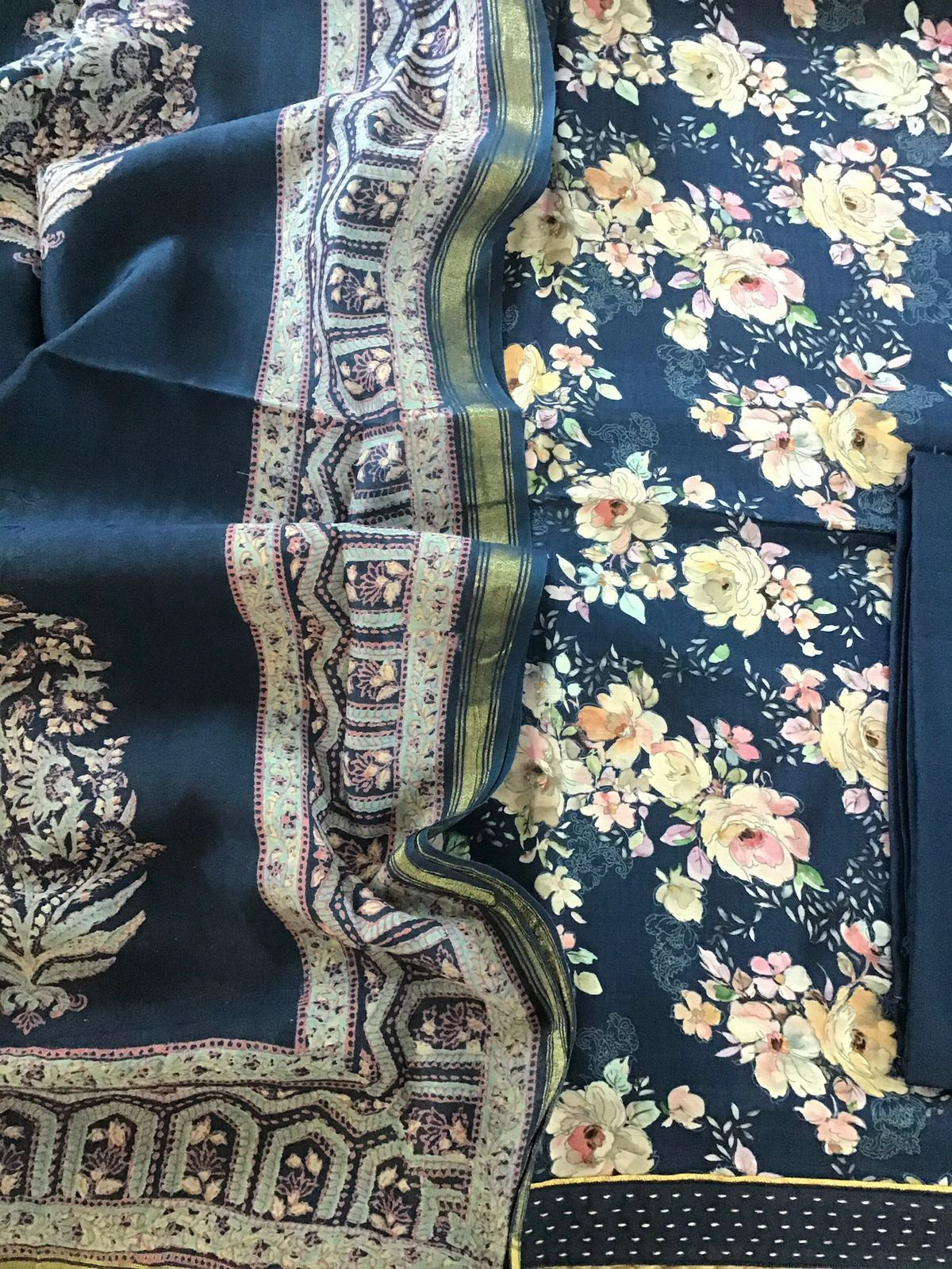 Pure Muslin Silk Printed Suit - Blue