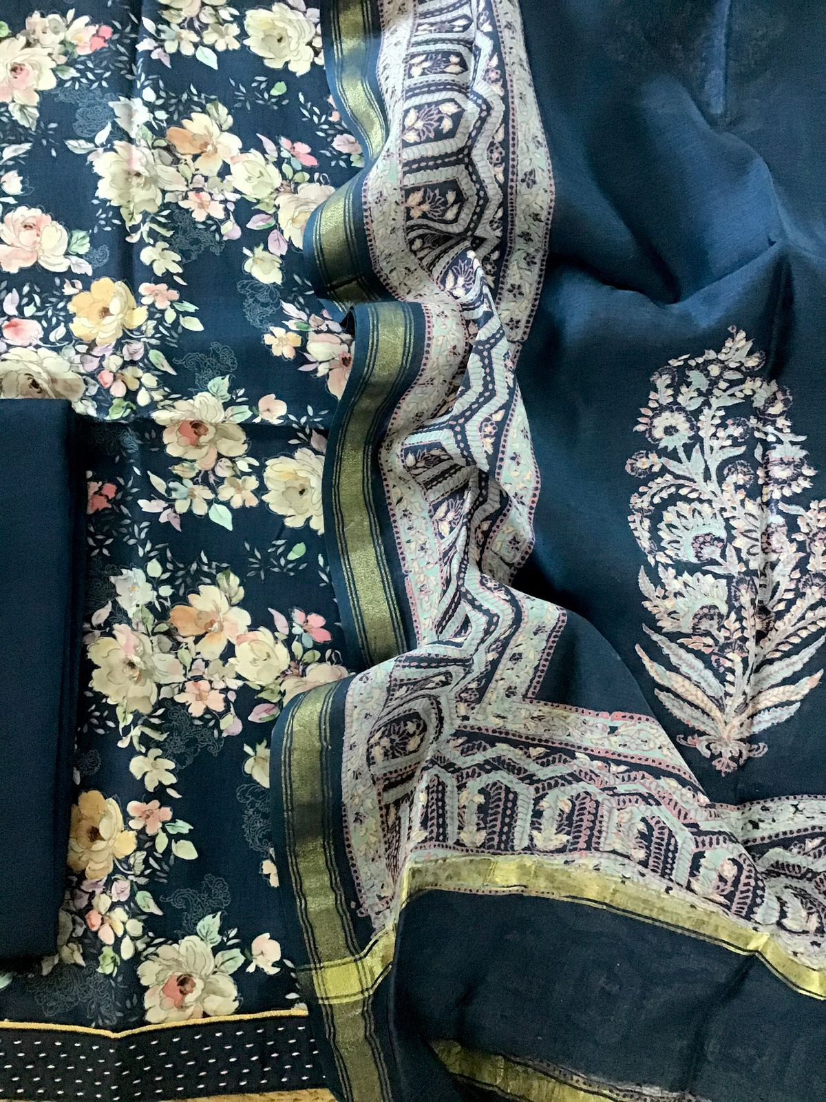 Pure Muslin Silk Printed Suit - Blue