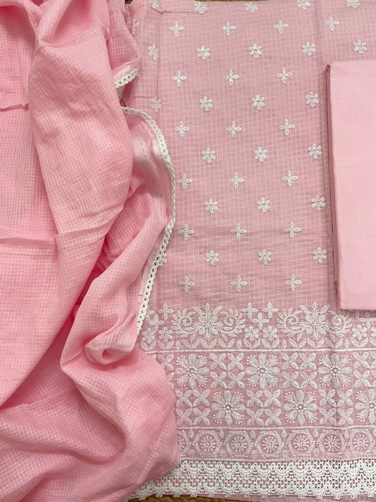 Soft Kota Cotton Embroidered Suit - Pink