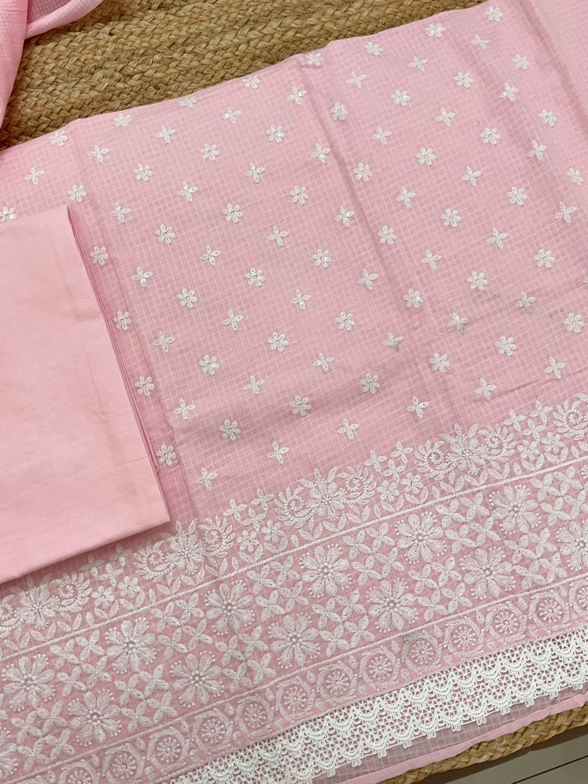 Soft Kota Cotton Embroidered Suit - Pink