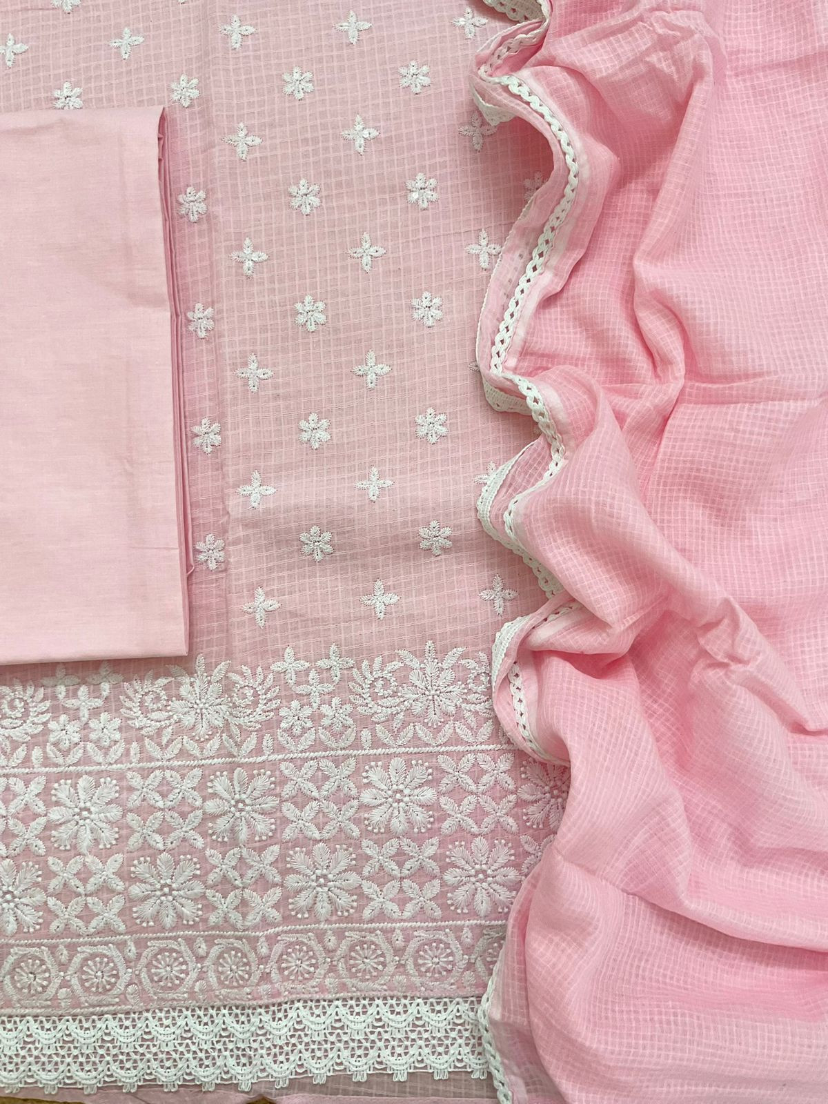 Soft Kota Cotton Embroidered Suit - Pink