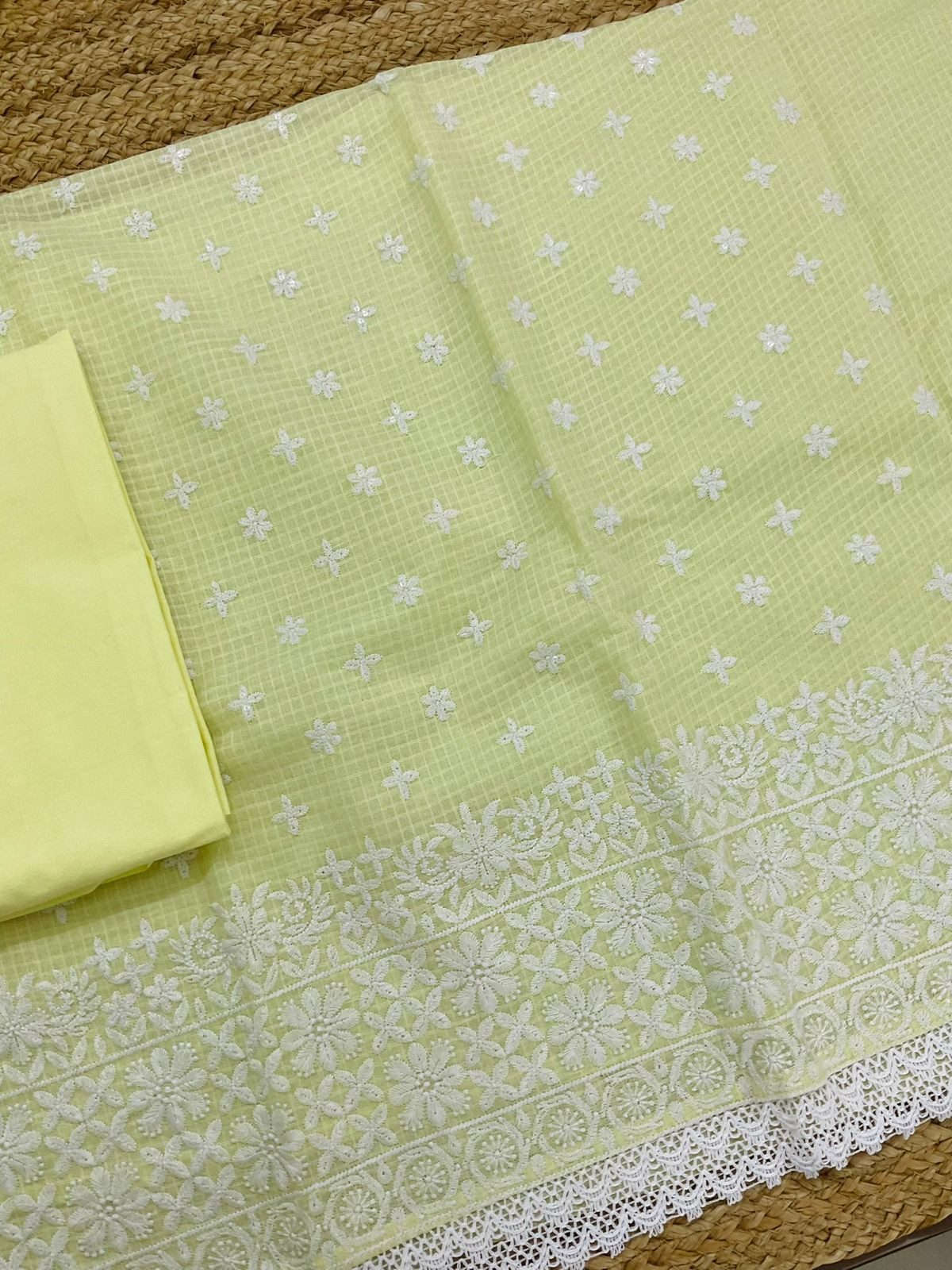 Soft Kota Cotton Embroidered Suit - Yellow