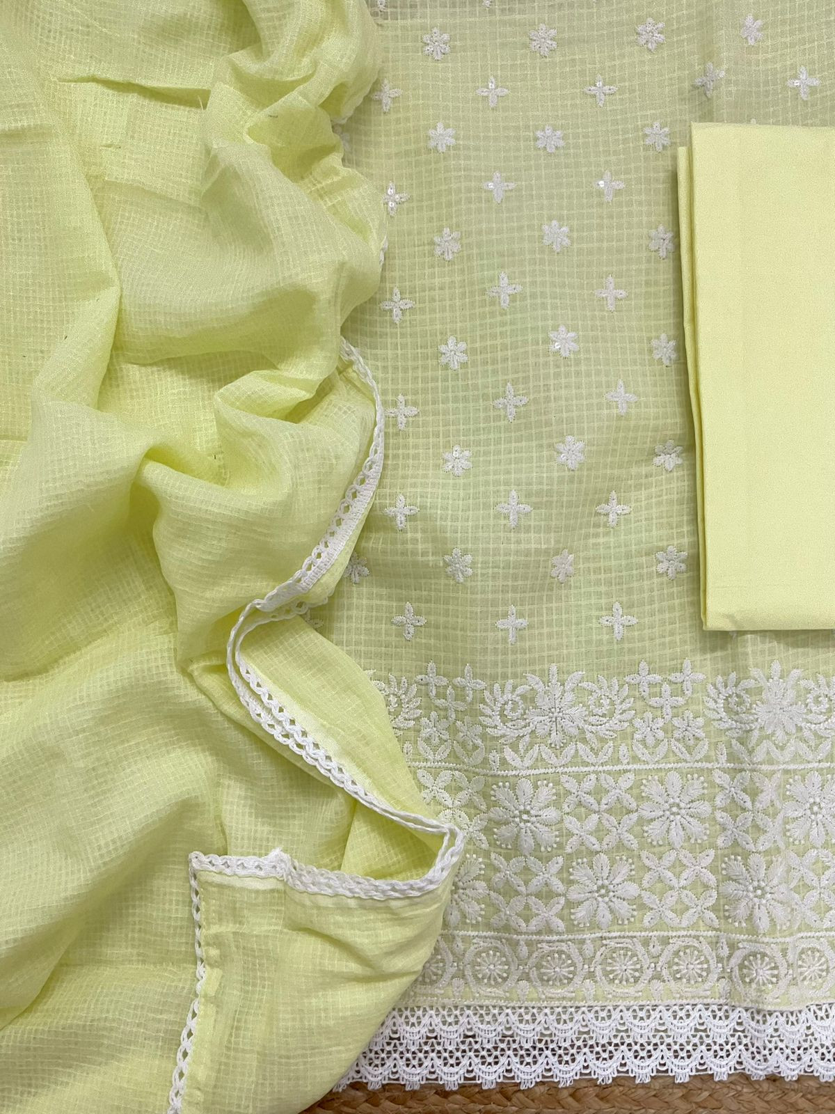 Soft Kota Cotton Embroidered Suit - Yellow