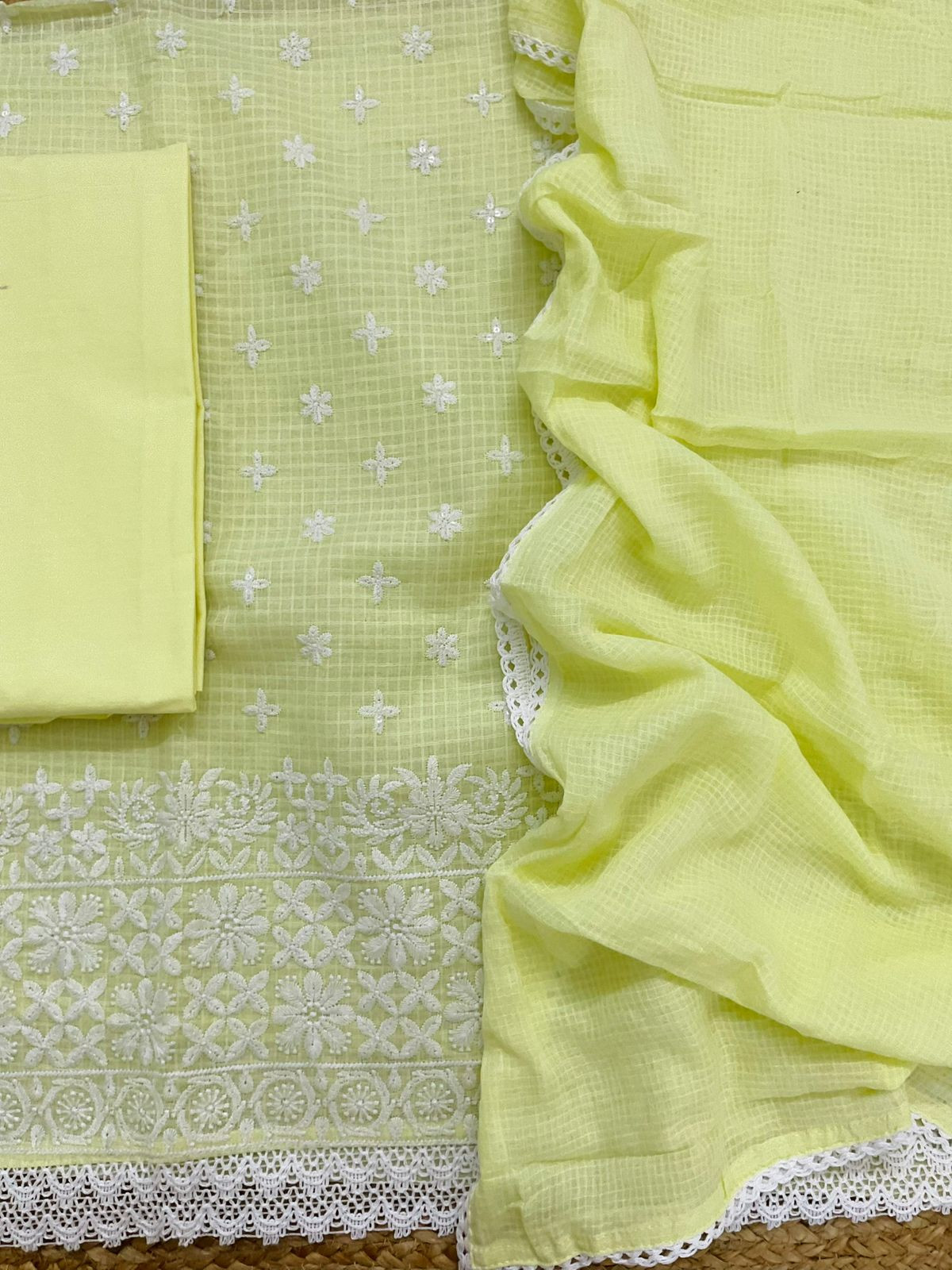 Soft Kota Cotton Embroidered Suit - Yellow