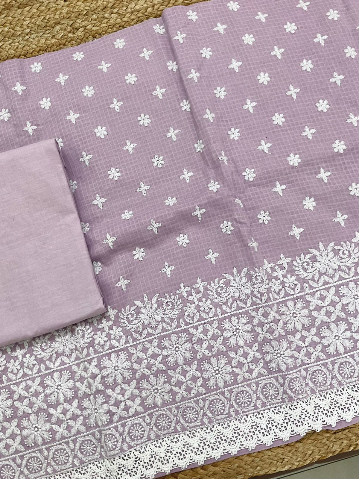 Soft Kota Cotton Embroidered Suit - Lavender