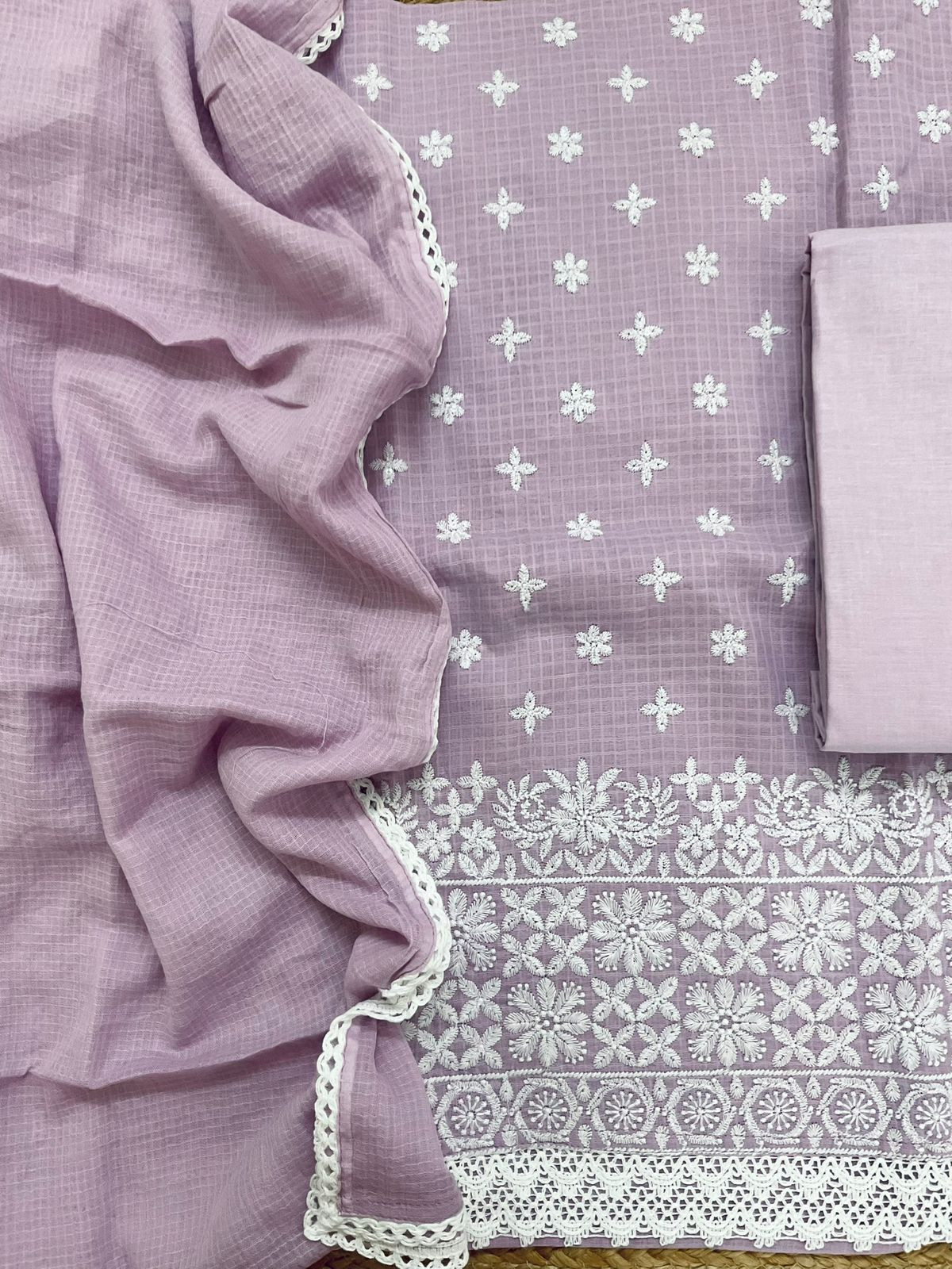Soft Kota Cotton Embroidered Suit - Lavender