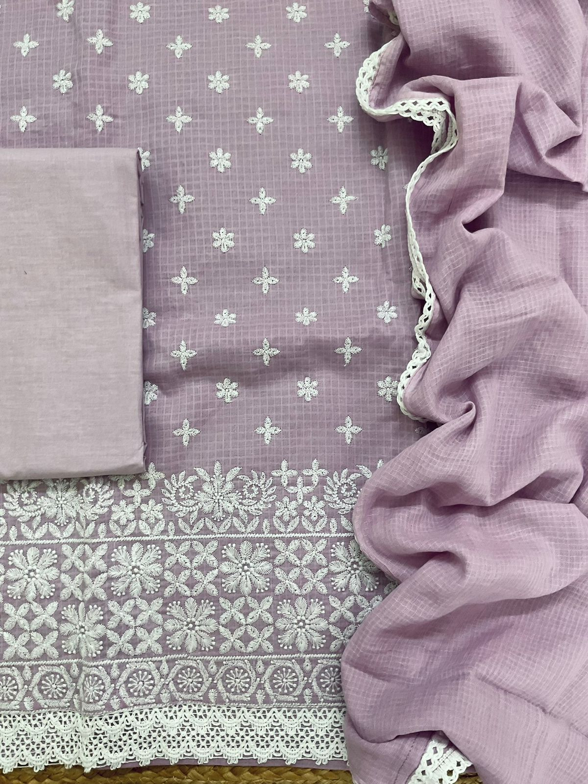 Soft Kota Cotton Embroidered Suit - Lavender