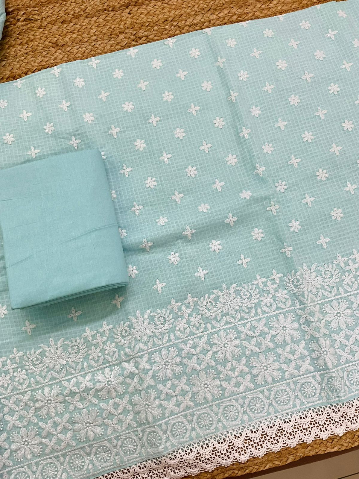 Soft Kota Cotton Embroidered Suit - Blue