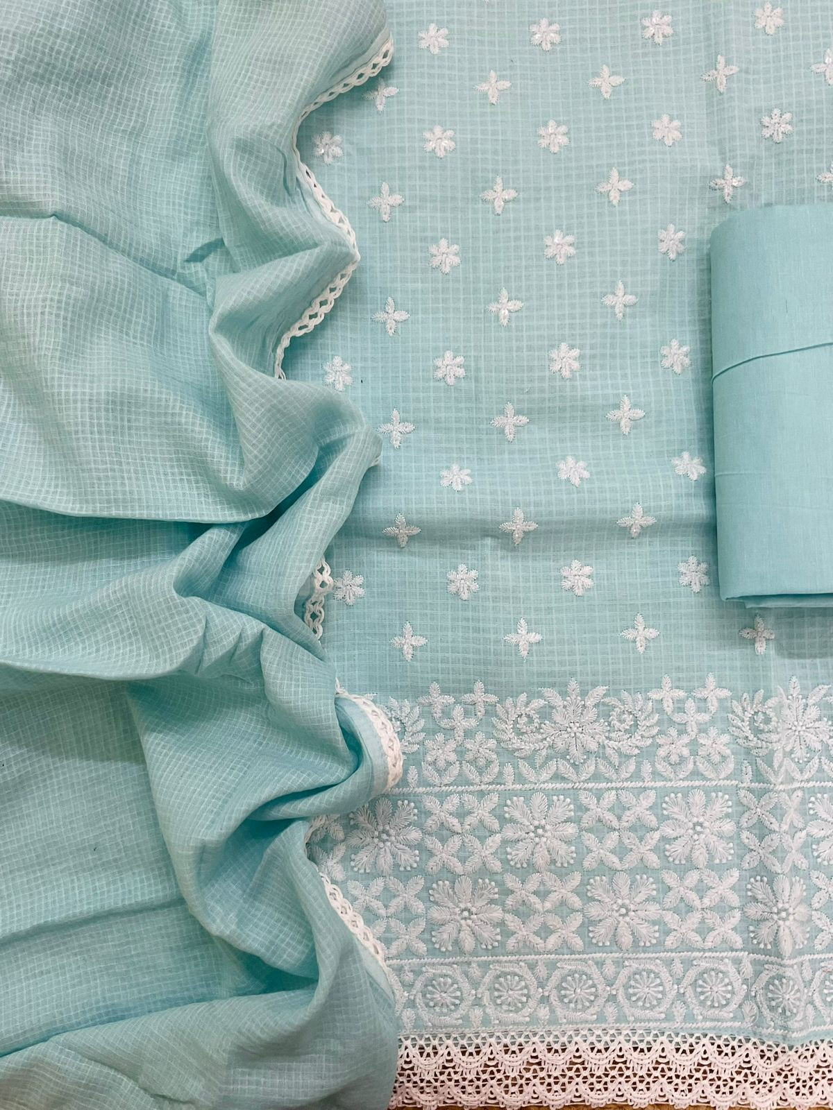 Soft Kota Cotton Embroidered Suit - Blue