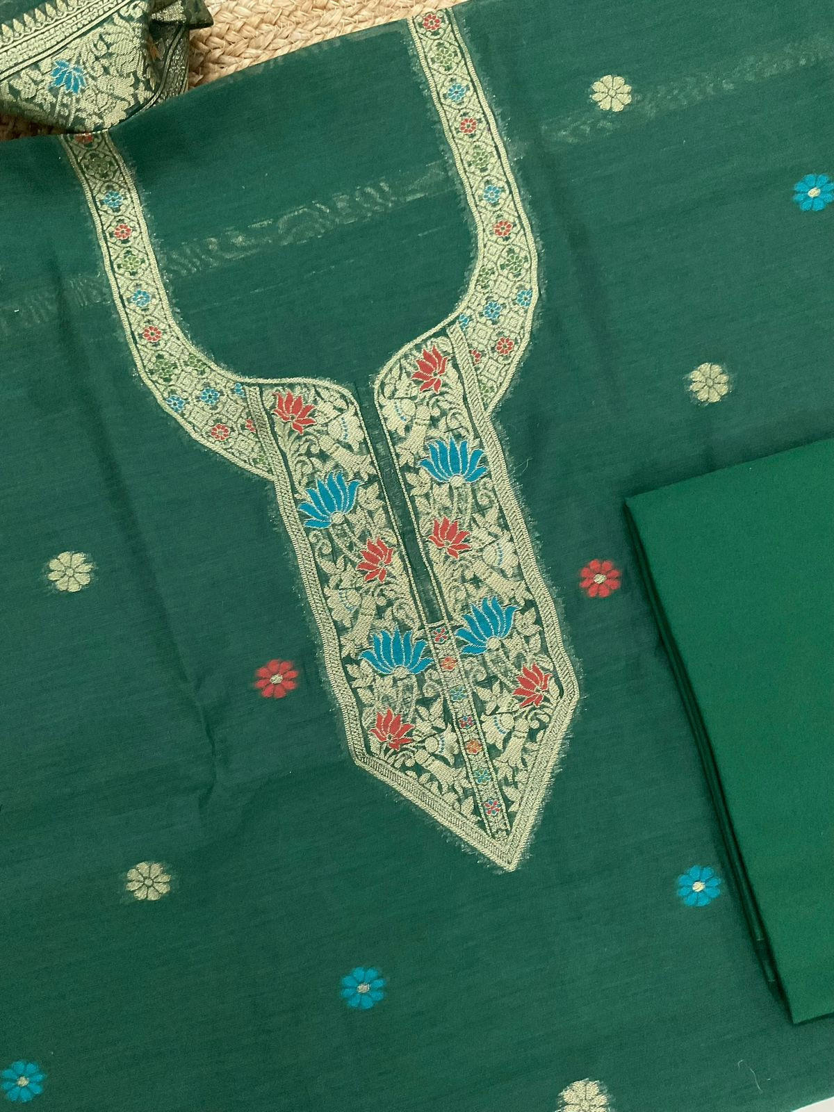 Soft Kora Chanderi Paithani Style Weaved Suit - Green