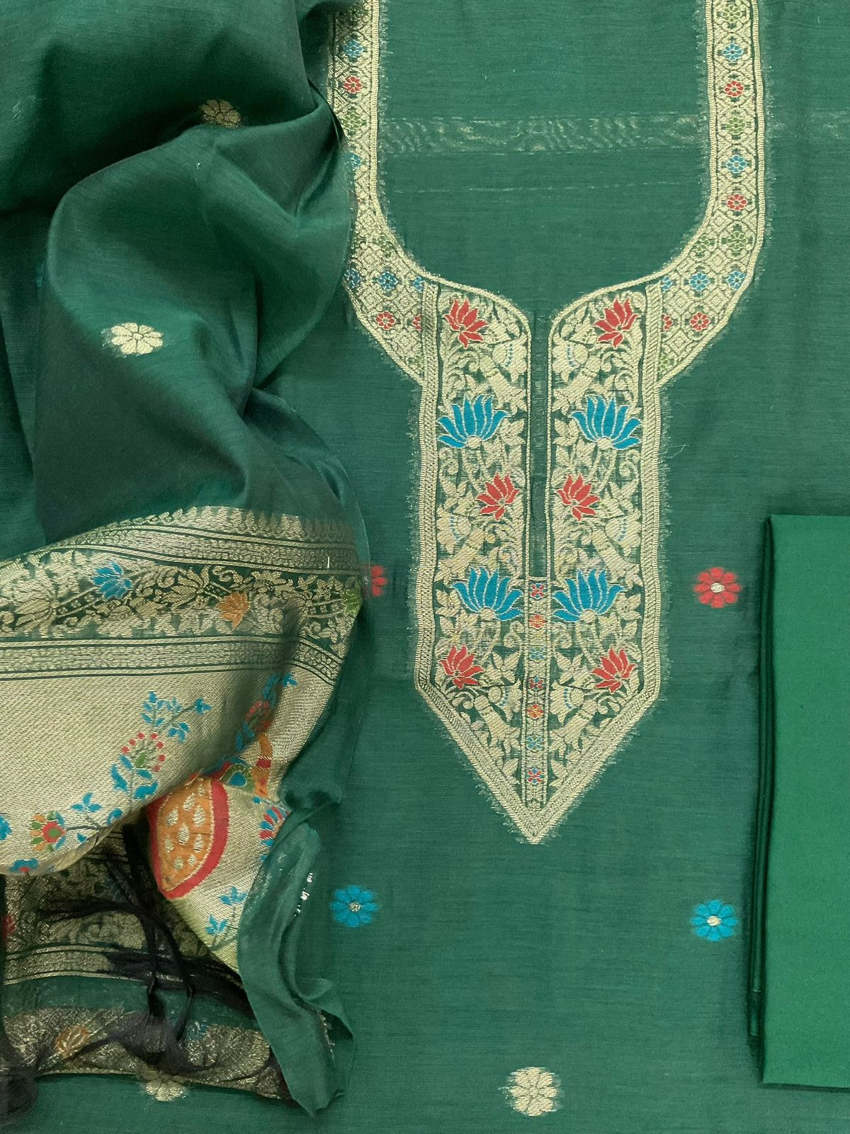 Soft Kora Chanderi Paithani Style Weaved Suit - Green