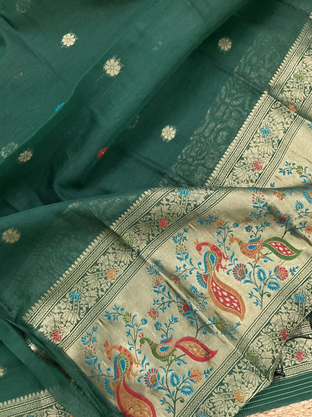 Soft Kora Chanderi Paithani Style Weaved Suit - Green