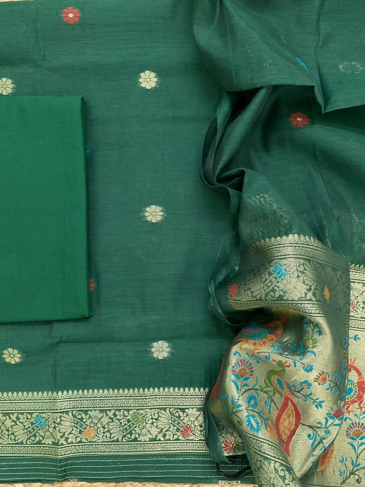 Soft Kora Chanderi Paithani Style Weaved Suit - Green