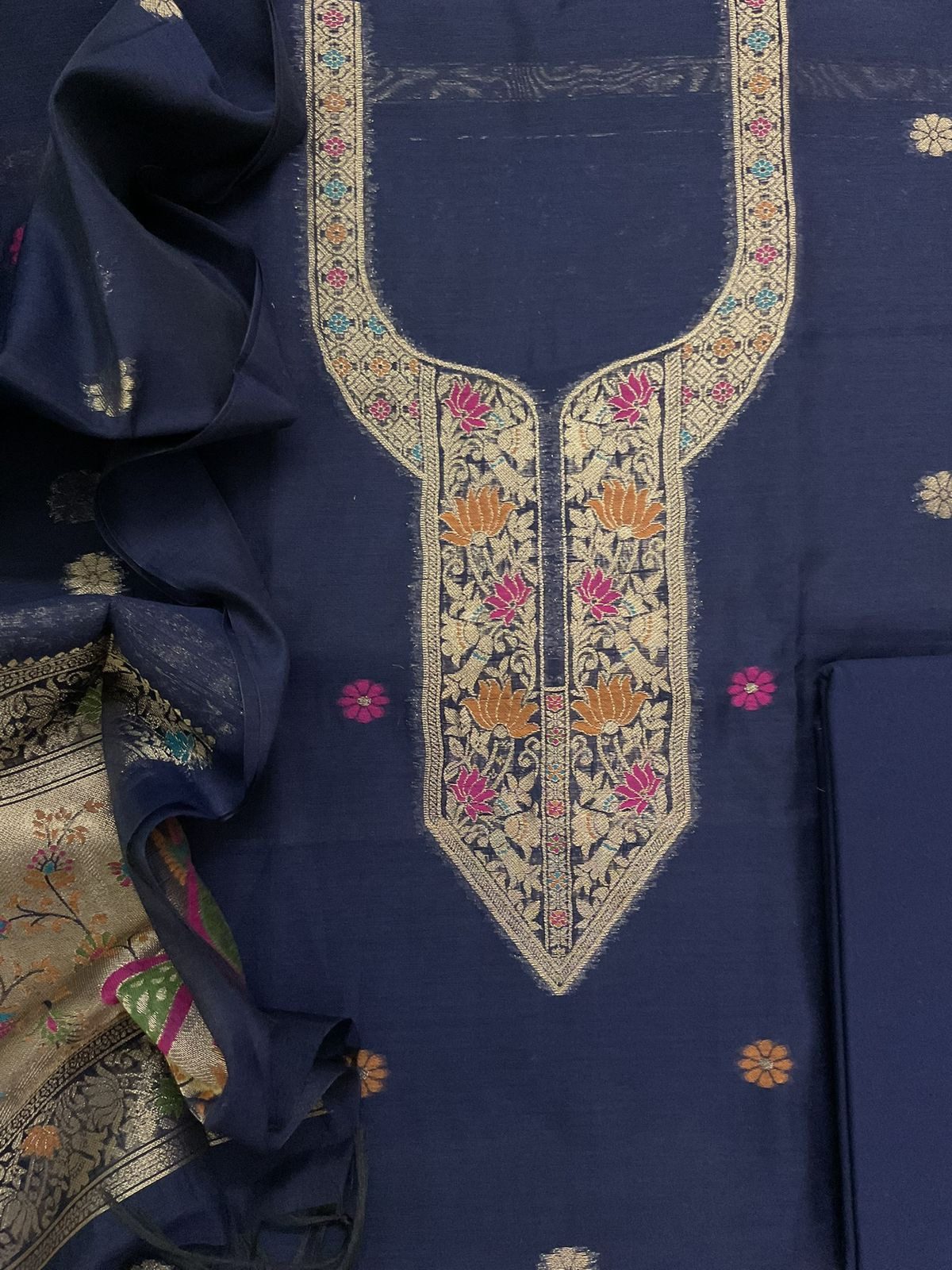 Soft Kora Chanderi Paithani  Style Weaved Suit - Blue