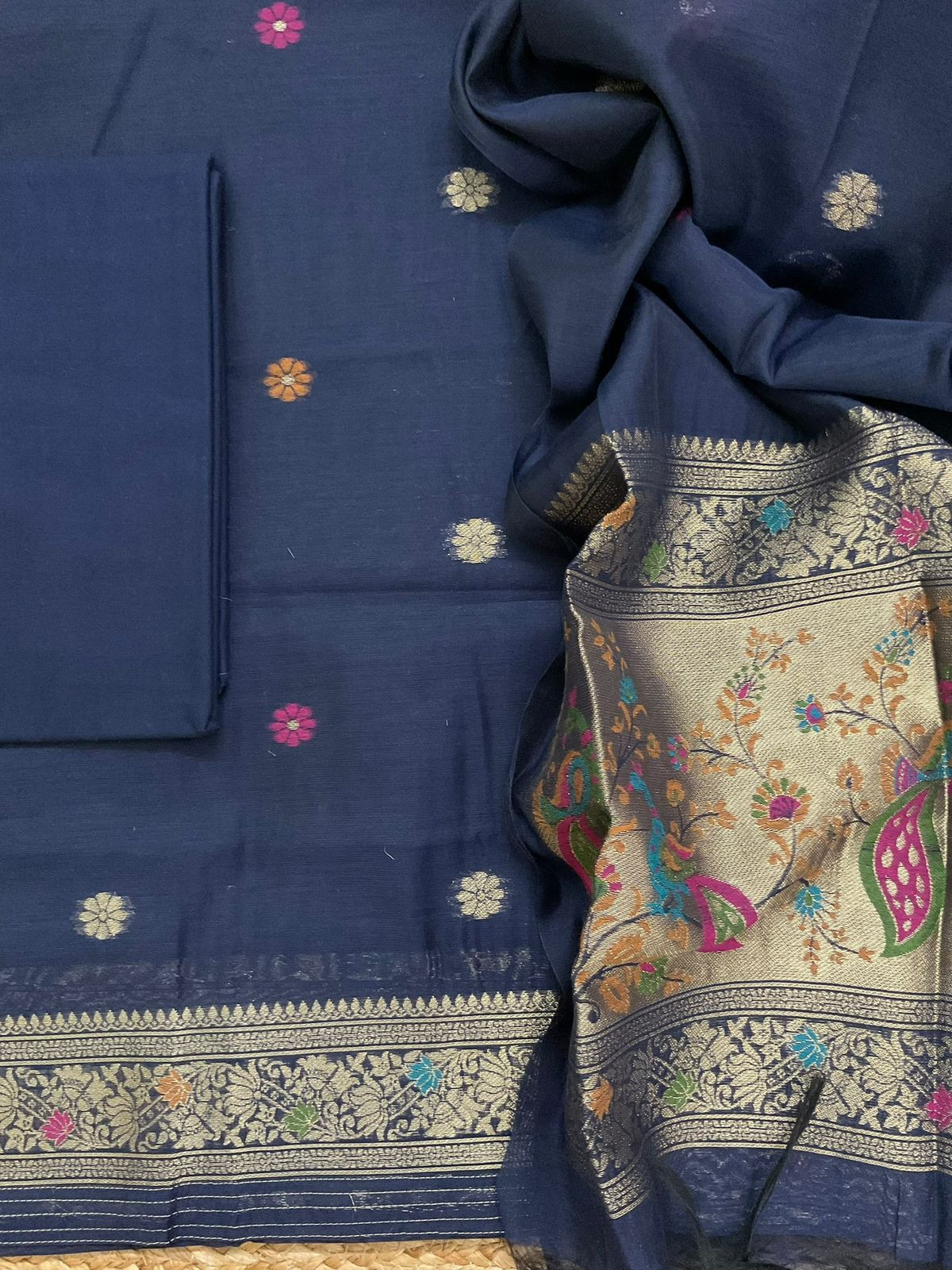 Soft Kora Chanderi Paithani Style Weaved Suit - Blue
