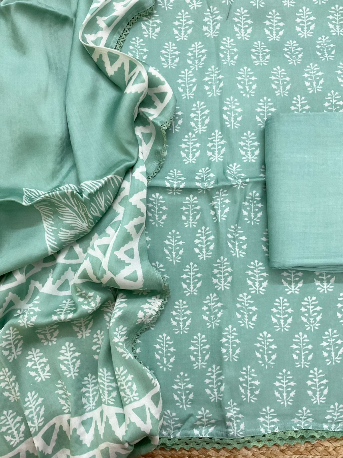 Pure Modal Silk Printed Suit - Sea Green