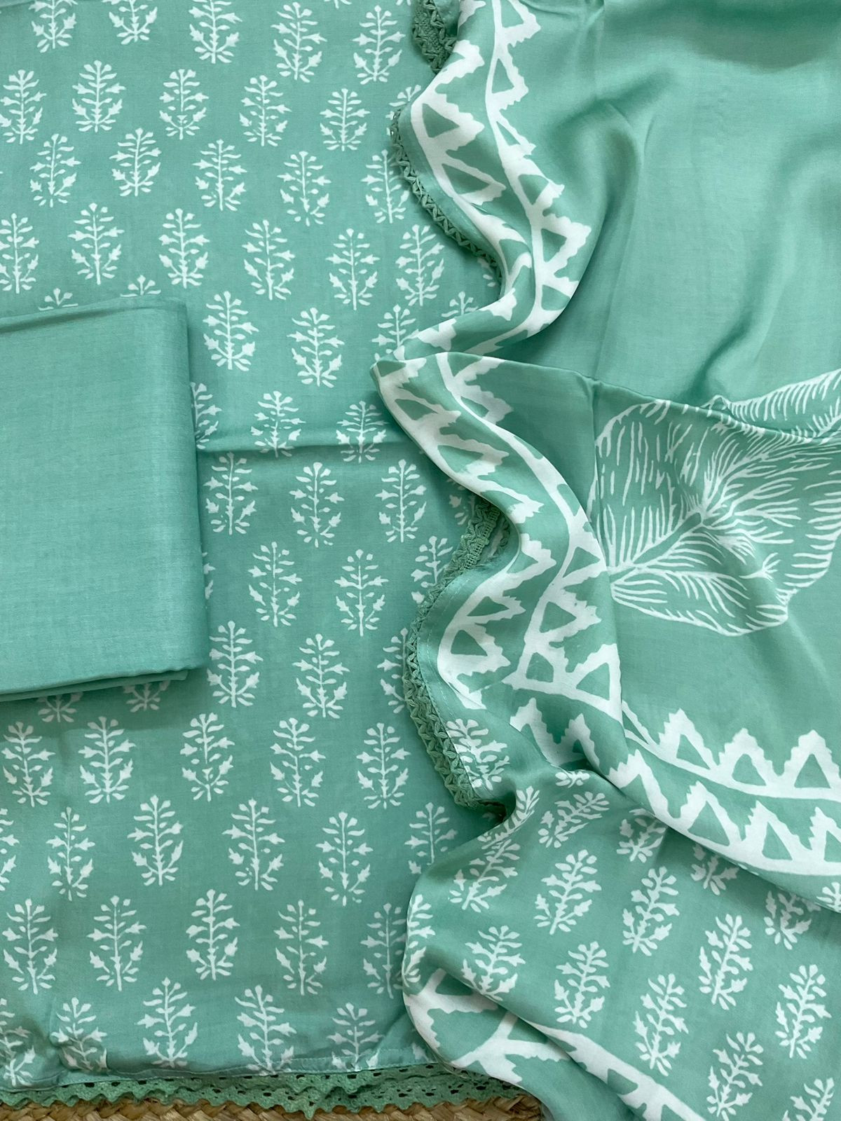 Pure Modal Silk Printed Suit - Sea Green