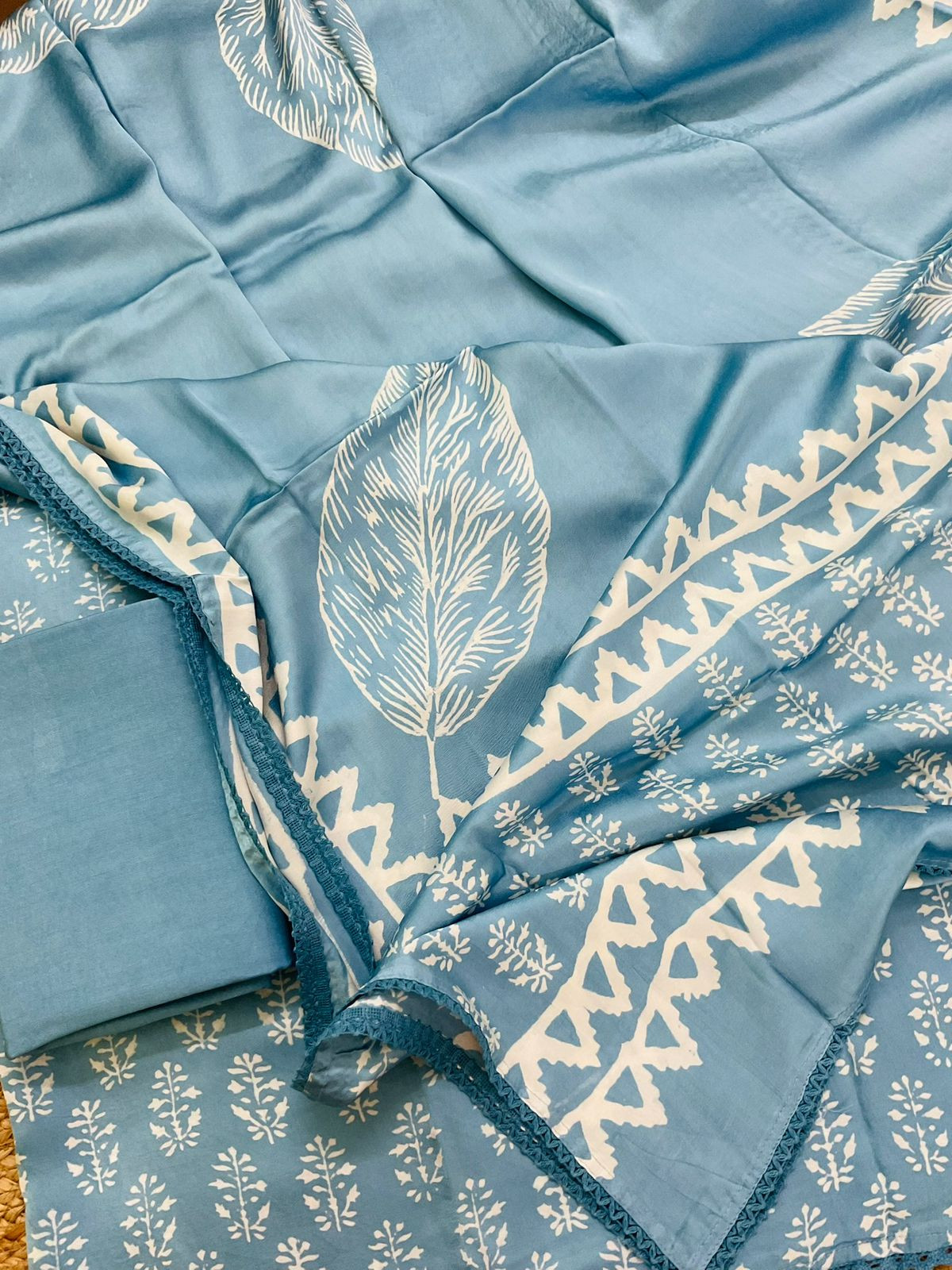 Pure Modal Silk Printed Suit - Blue