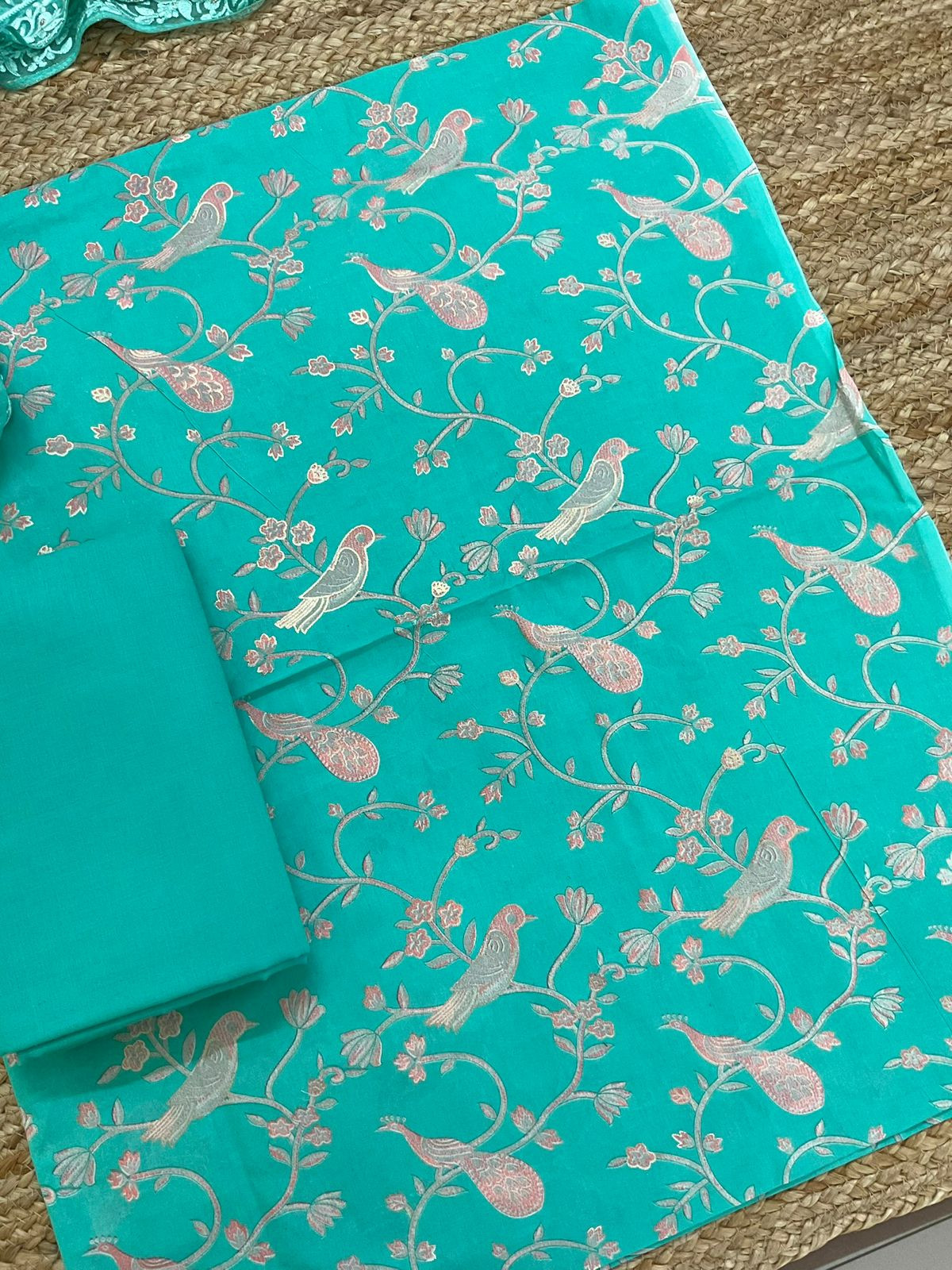 Pure Cotton Printed Embroidered Suit - Sea Green