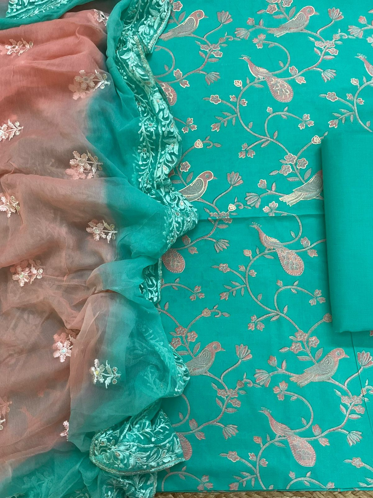 Pure Cotton Printed Embroidered Suit - Sea Green