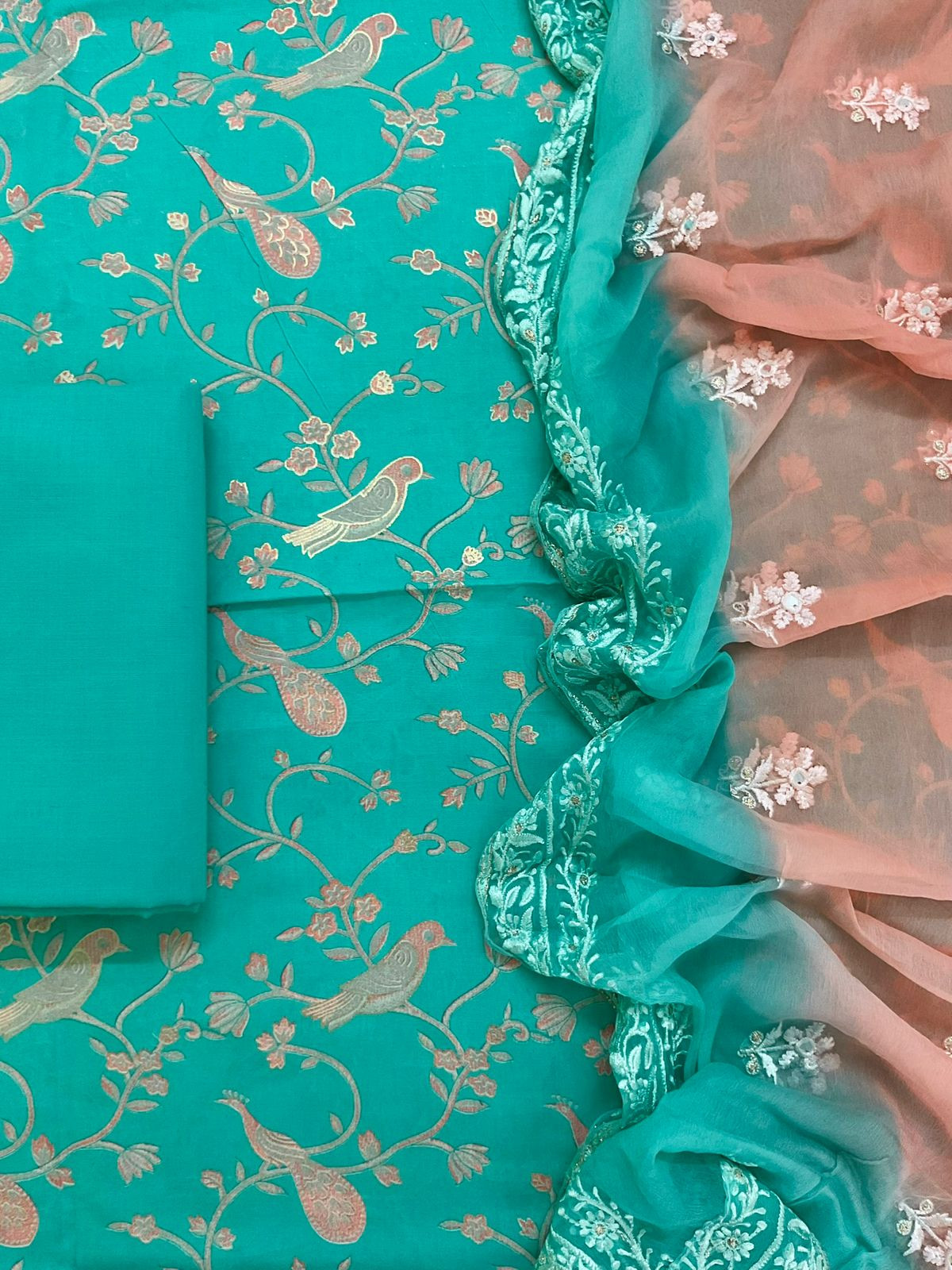 Pure Cotton Printed Embroidered Suit - Sea Green