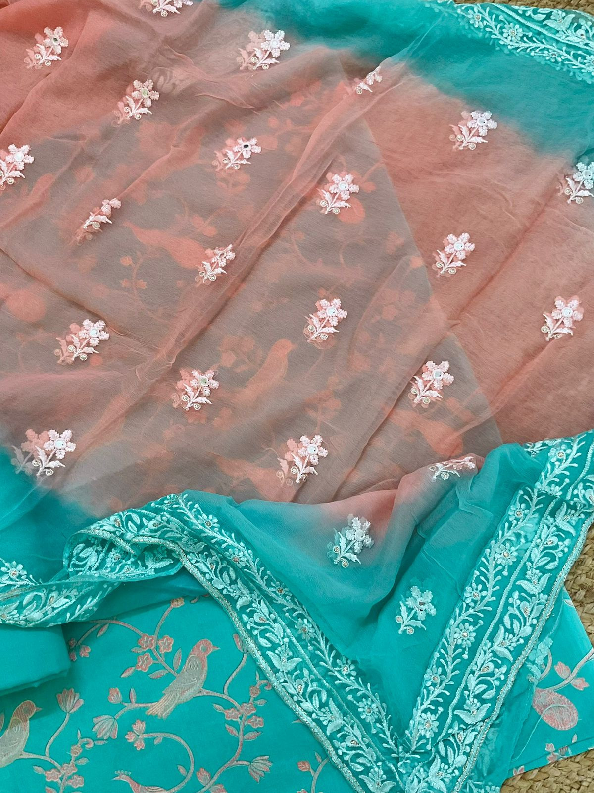 Pure Cotton Printed Embroidered Suit - Sea Green