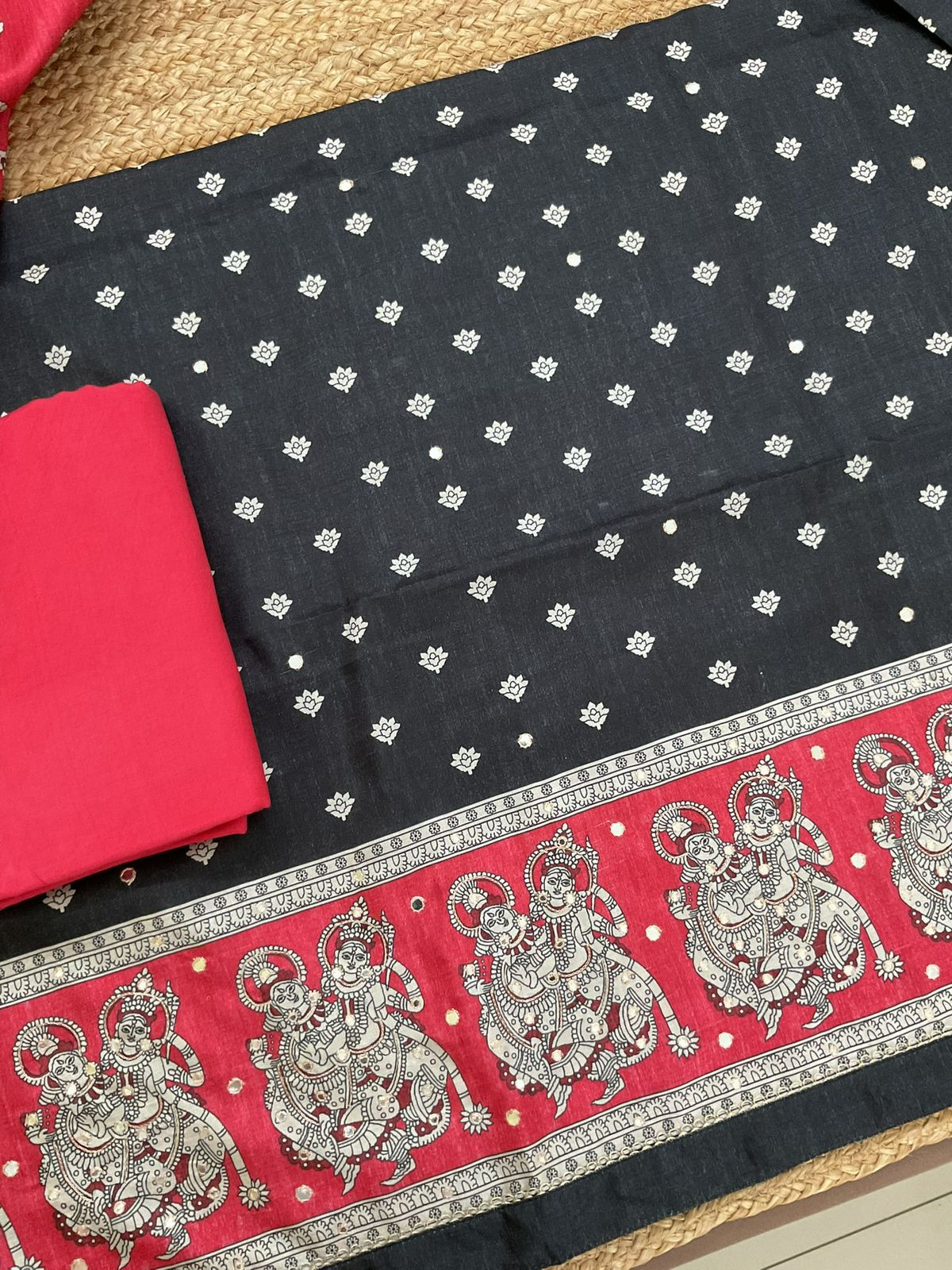 Soft Semi Tussar Printed Embroidered Suit - Black