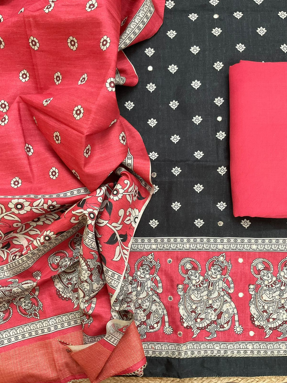 Soft Semi Tussar Printed Embroidered Suit - Black